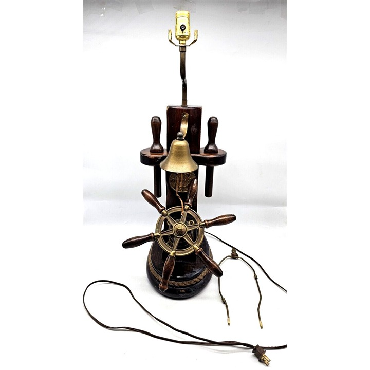 Vtg Maritime Nautical Lamp Ship Boat Solid Wood Brass Compass Bell Wheel