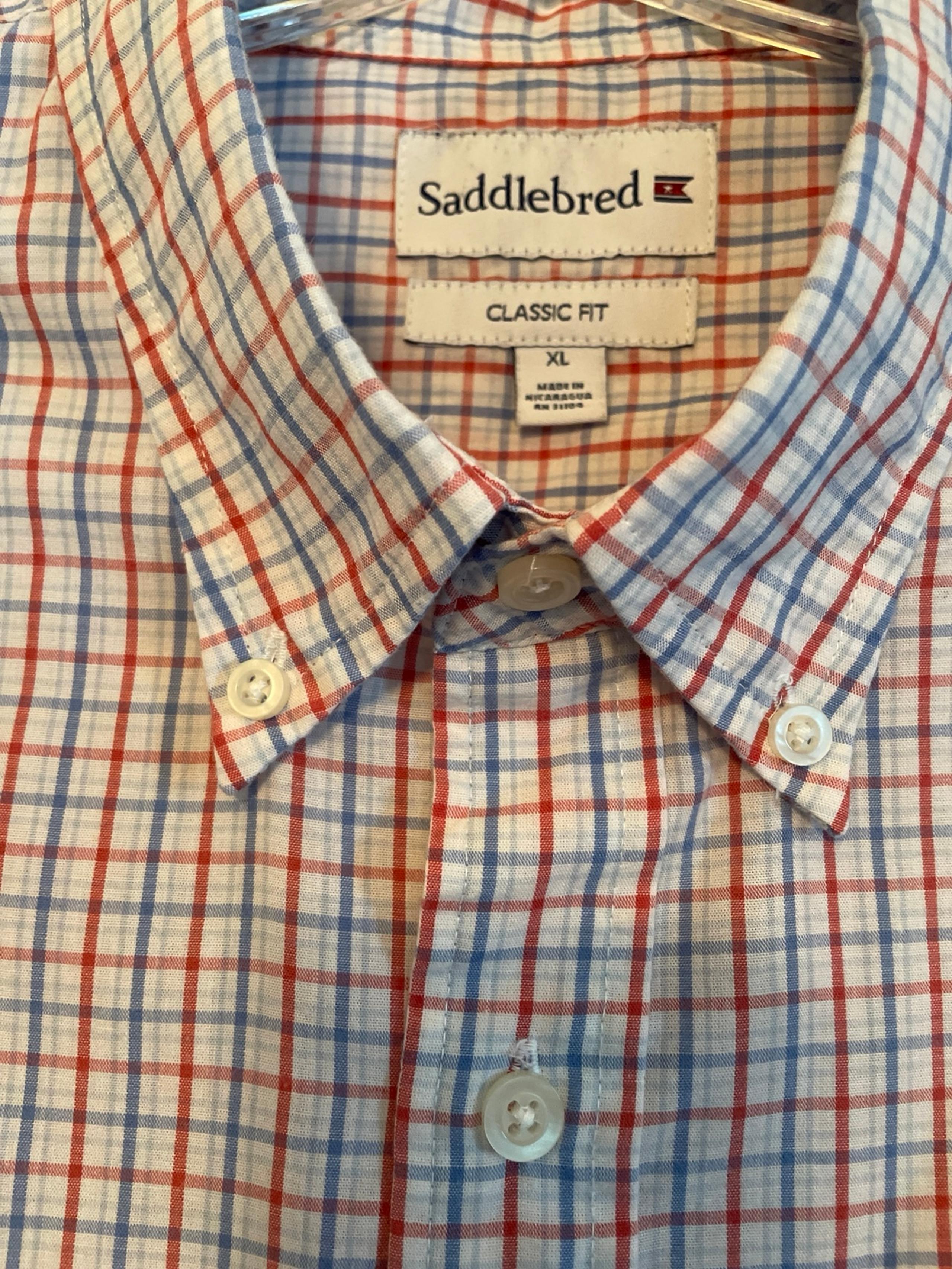 Men’s Saddlebred Button-down Shirt, Red, White & Blue Plaid Shirt, XL