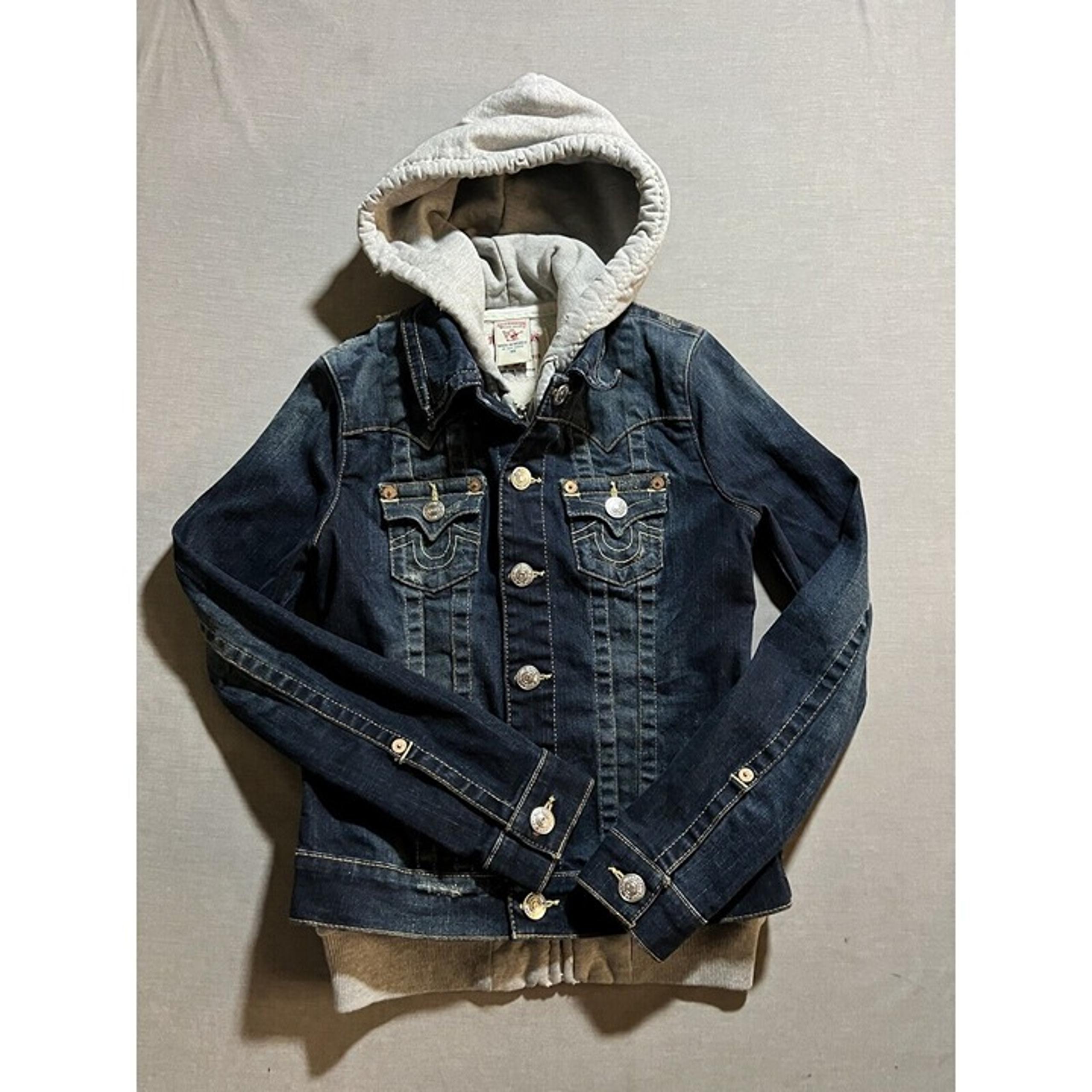 True Religion Section Trucker Denim Jacket Women's XS Snap Long Sleeve Hooded.