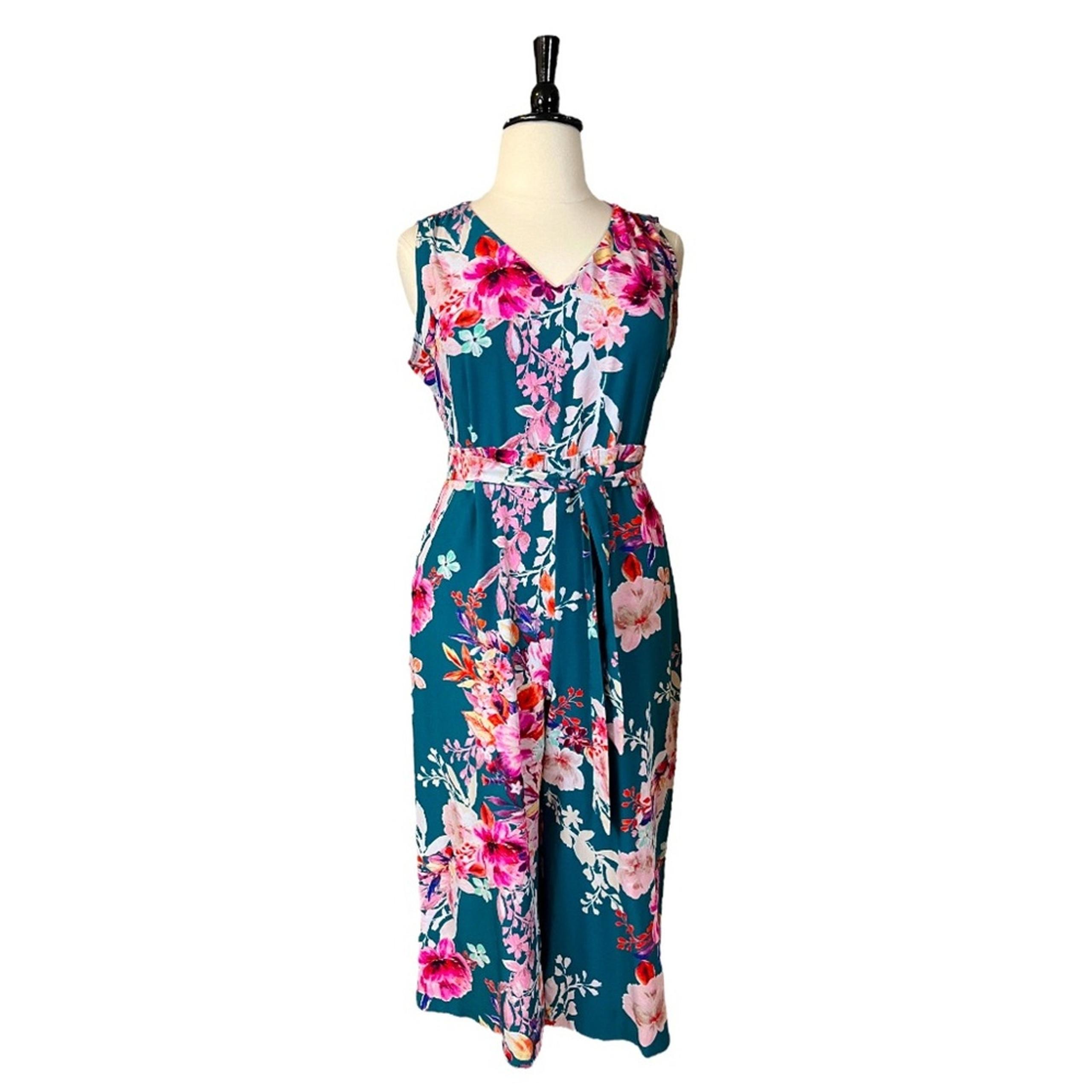 Beige by ECI Jumpsuit V-neck Sleeveless Crop Tie Waist Teal Pink Floral Size XL