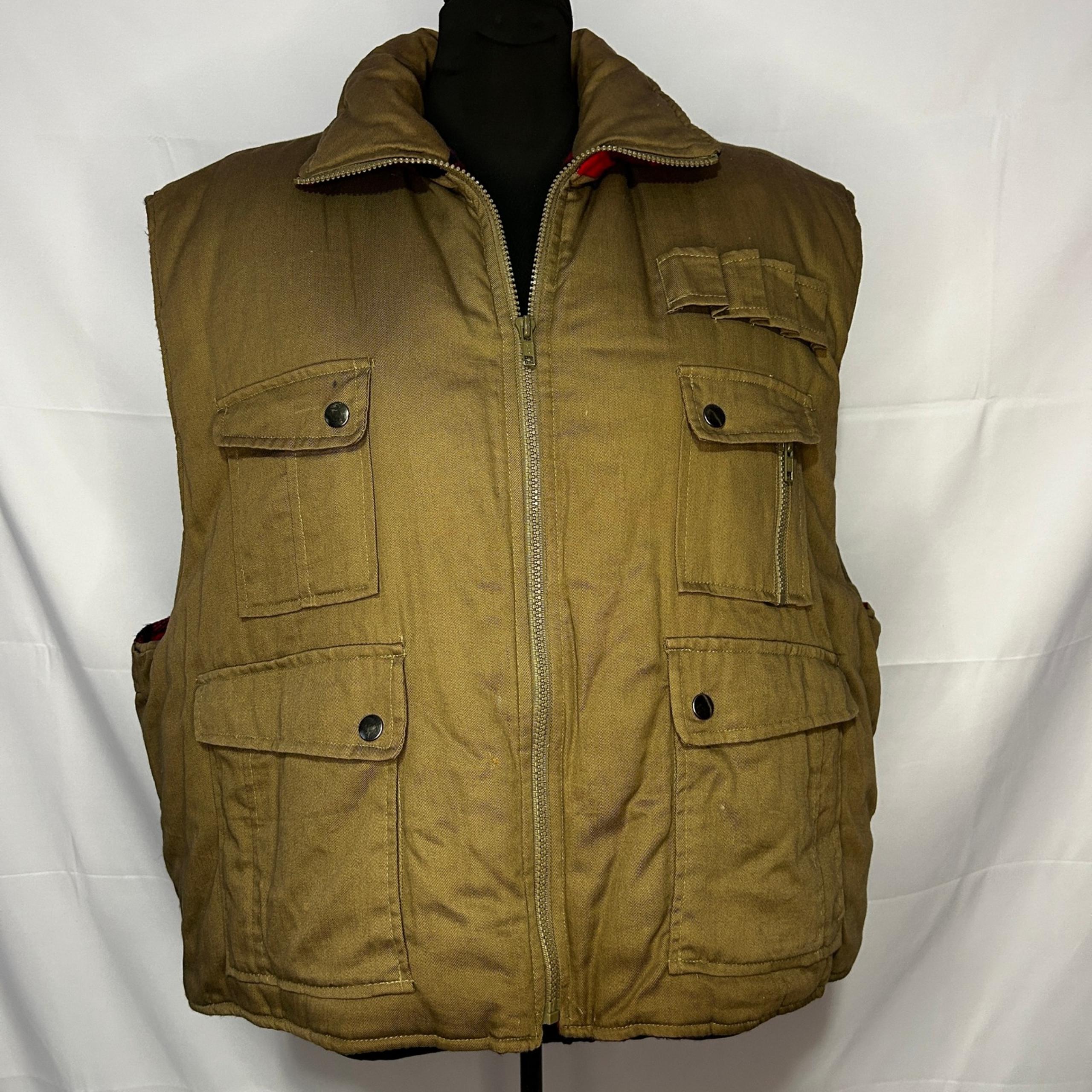 Vintage Mens Ozark Trail Utility Vest Full Zip Padded Hunting Fishing Khaki 2XL