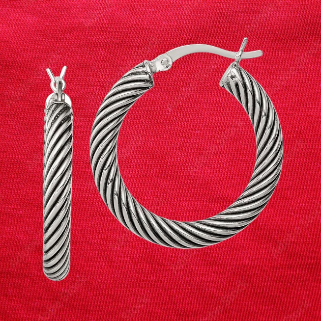 Sterling Silver Antiqued 3.25x25mm Twisted Hoop Earrings