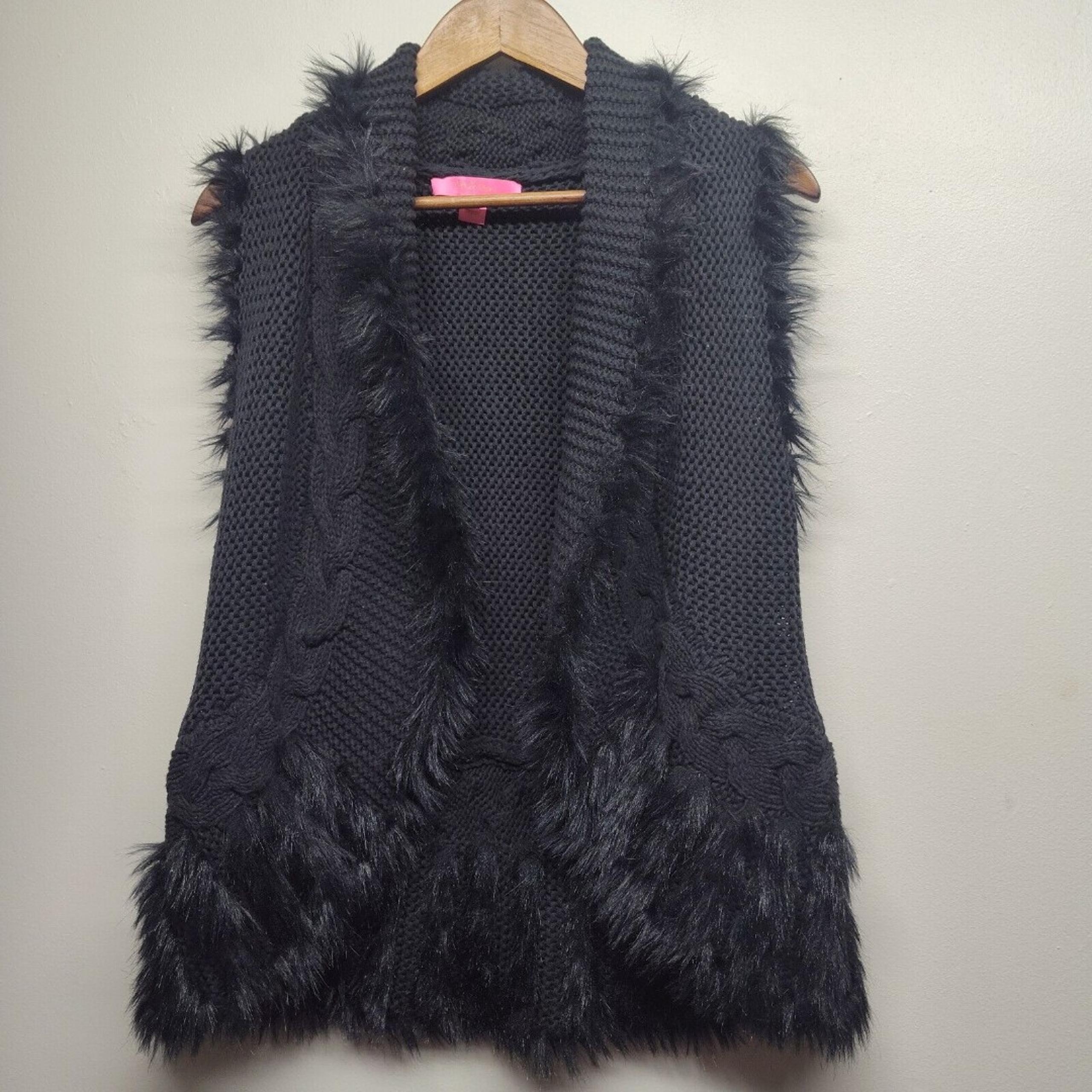 Lilly Pulitzer Torini Crochet Vest Women Size M Black Faux Fur Trim Open Boho