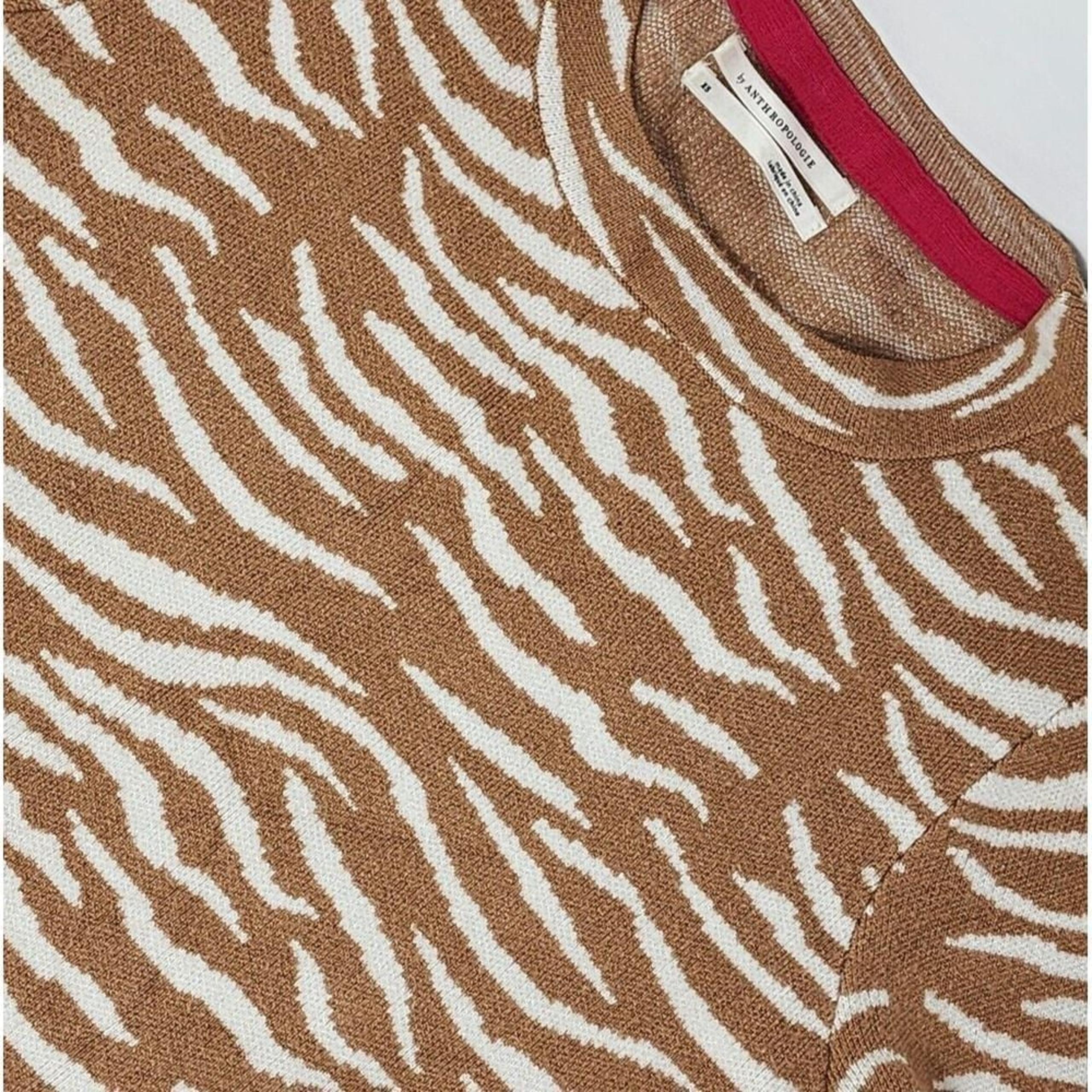 Anthropologie Tiger Stripe Print Short Sleeve Sweater Brown White Soft Size XS