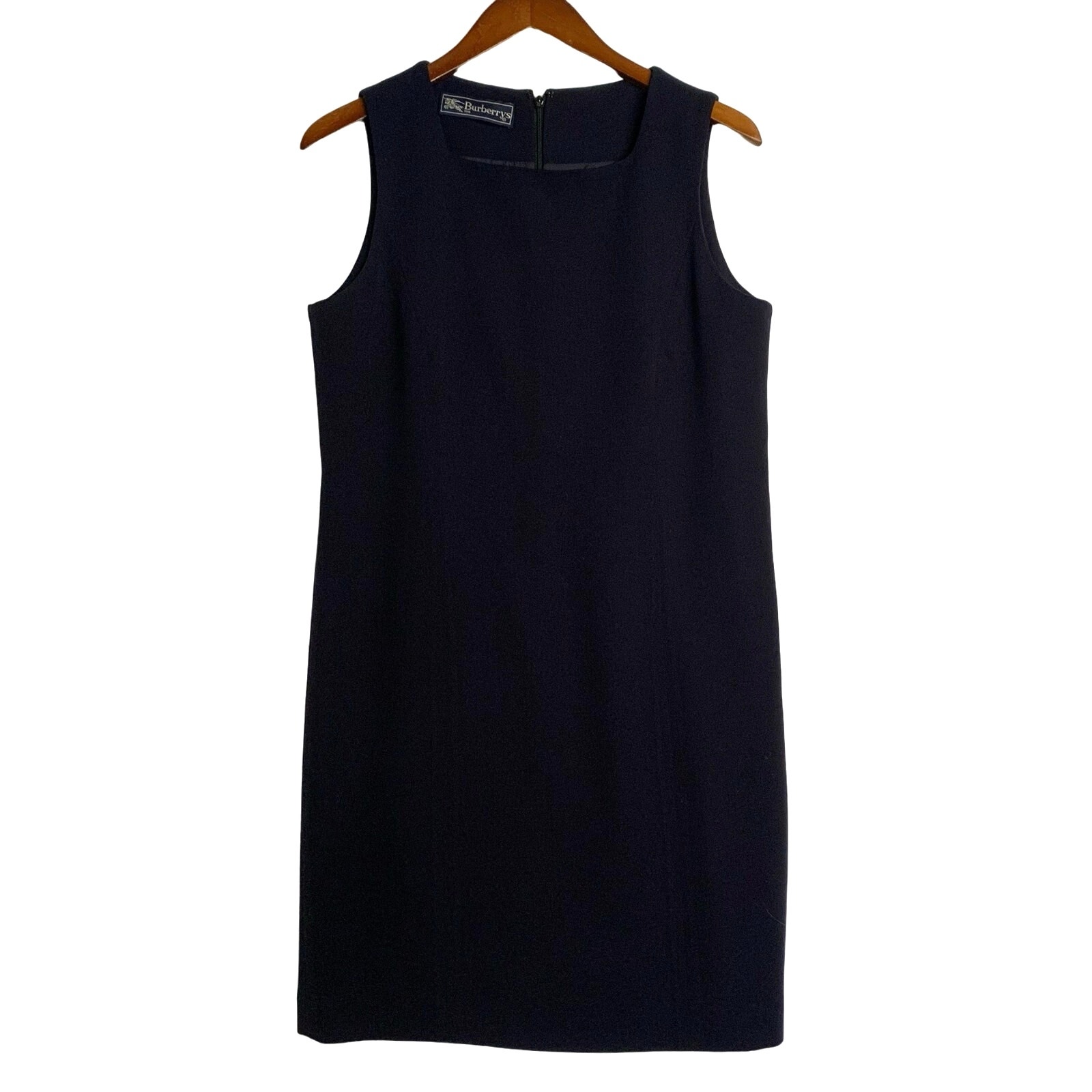 Vintage Burberry Burberrys Dress Wool Designer Knee Length Sleeveless Navy Blue