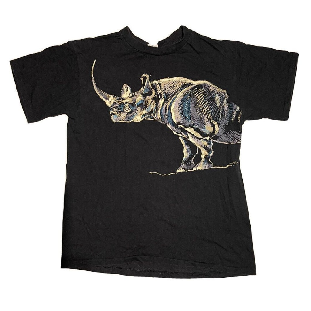 Vtg 1990 Harlequin Rhinoceros T-Shirt Black Size L Rhino Animal Wildlife Nature
