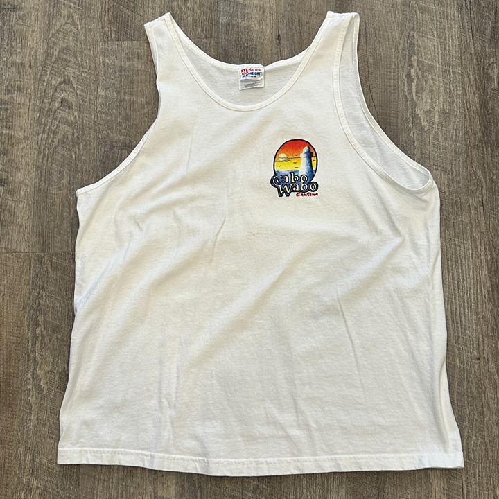 Vintage Cabo Wabo Cantina Graphics White Tank Top Hanes Cotton Tee Mens Sz Large