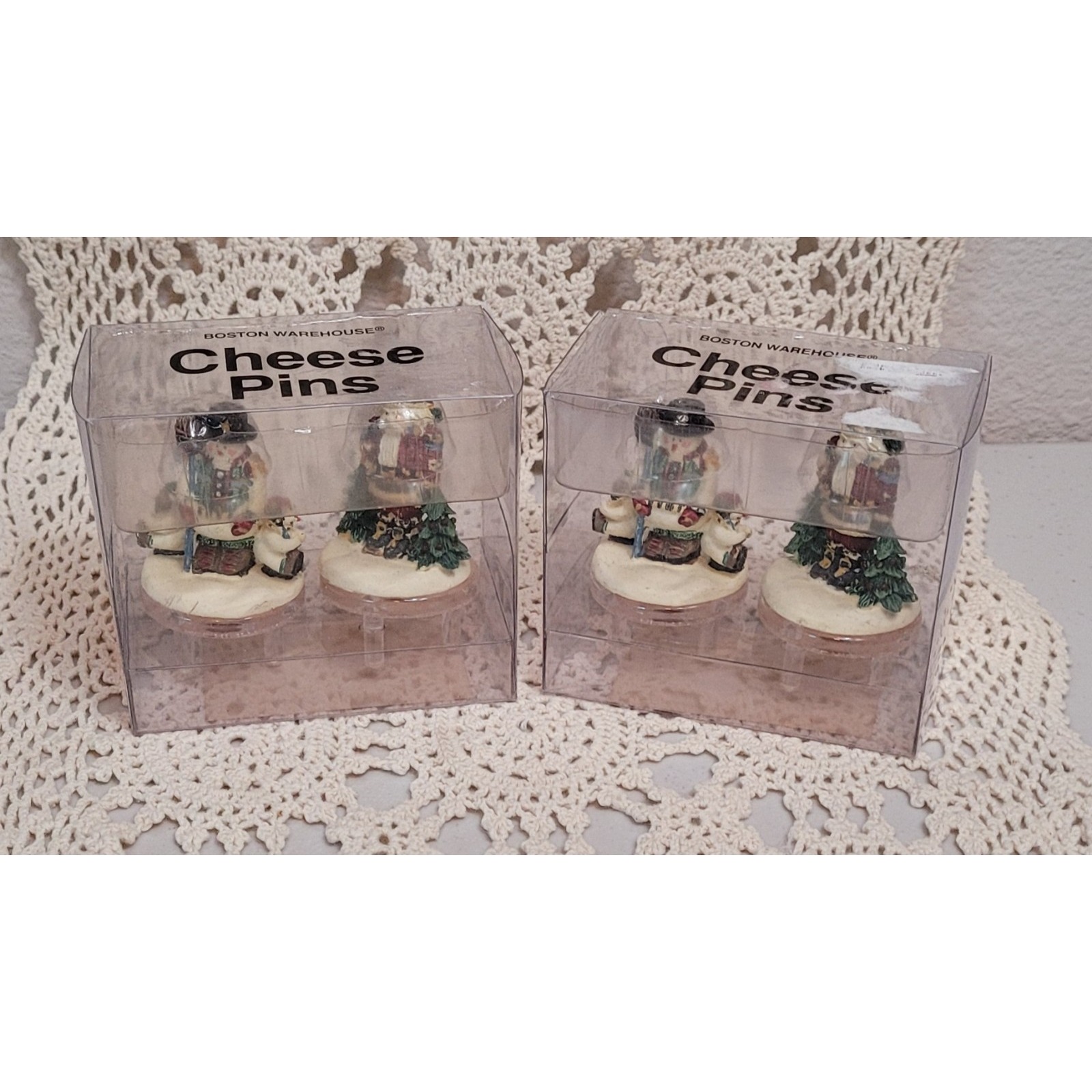 Vintage 2002 Boston warehouse Christmas cheese pins. 2 santa and 2 Snowman