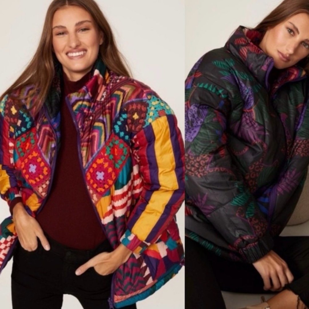 Farm Rio RED ABSTRACT PATCHES REVERSIBLE PUFFER JACKET colorful crochet XS M