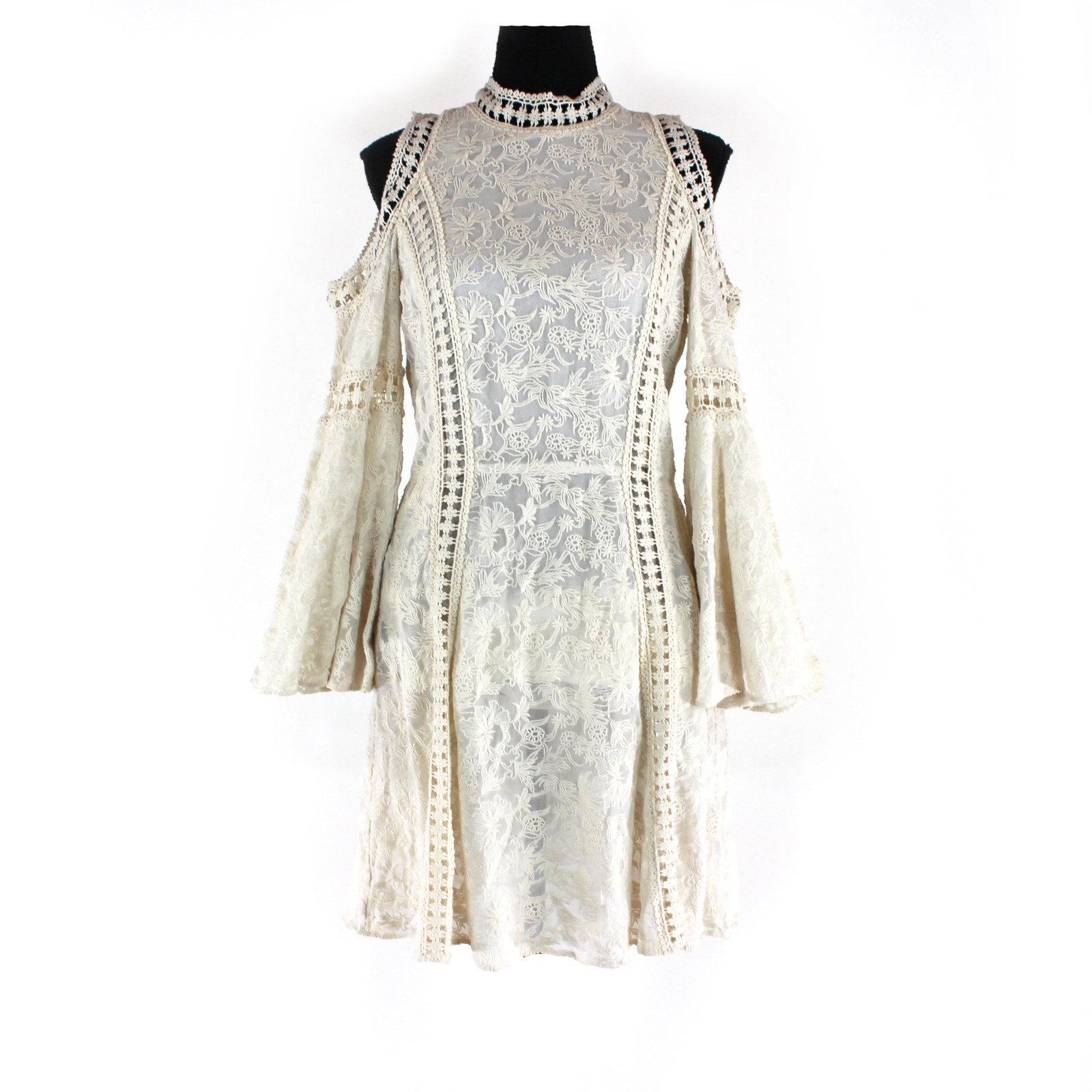 Alice + Olivia Enya Embroidered Ivory Cold Shoulder Dress 6 NEW Long Sleeve Mini