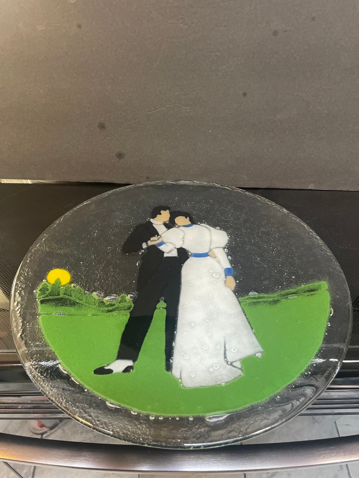 Signed Peggy Karr Fused Glasss Plate Bride & Groom Vintage