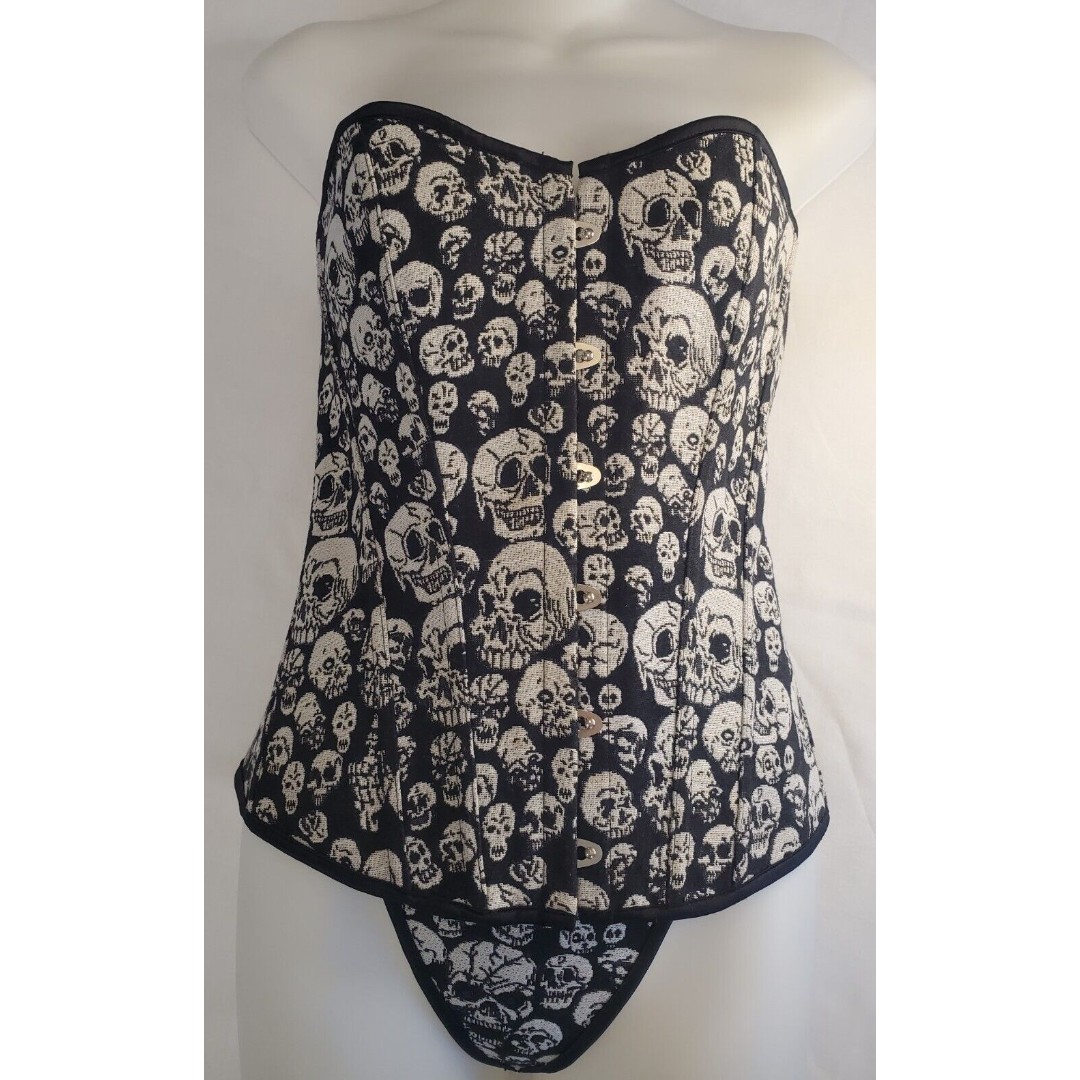 XL Womens Skull Corset Set Boned Embroidered Costume Biker New