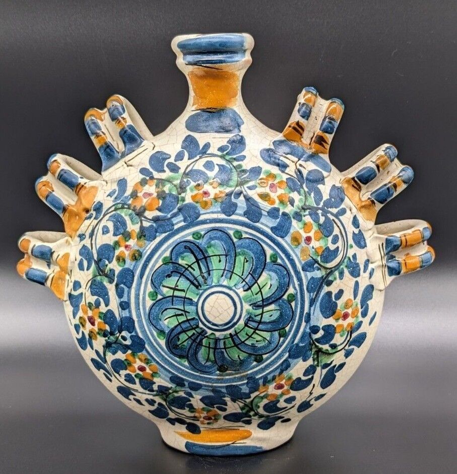 Vintage Signed Hand Painted Moon Flask Italian Sicilian Pottery from Caltagiro