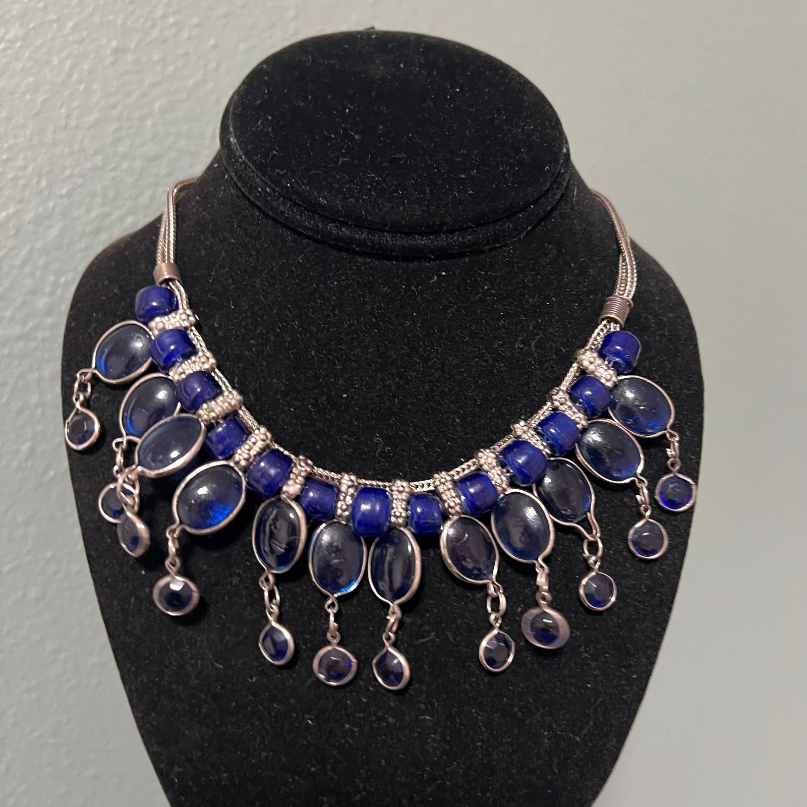 vintage unsigned French blue glass necklace