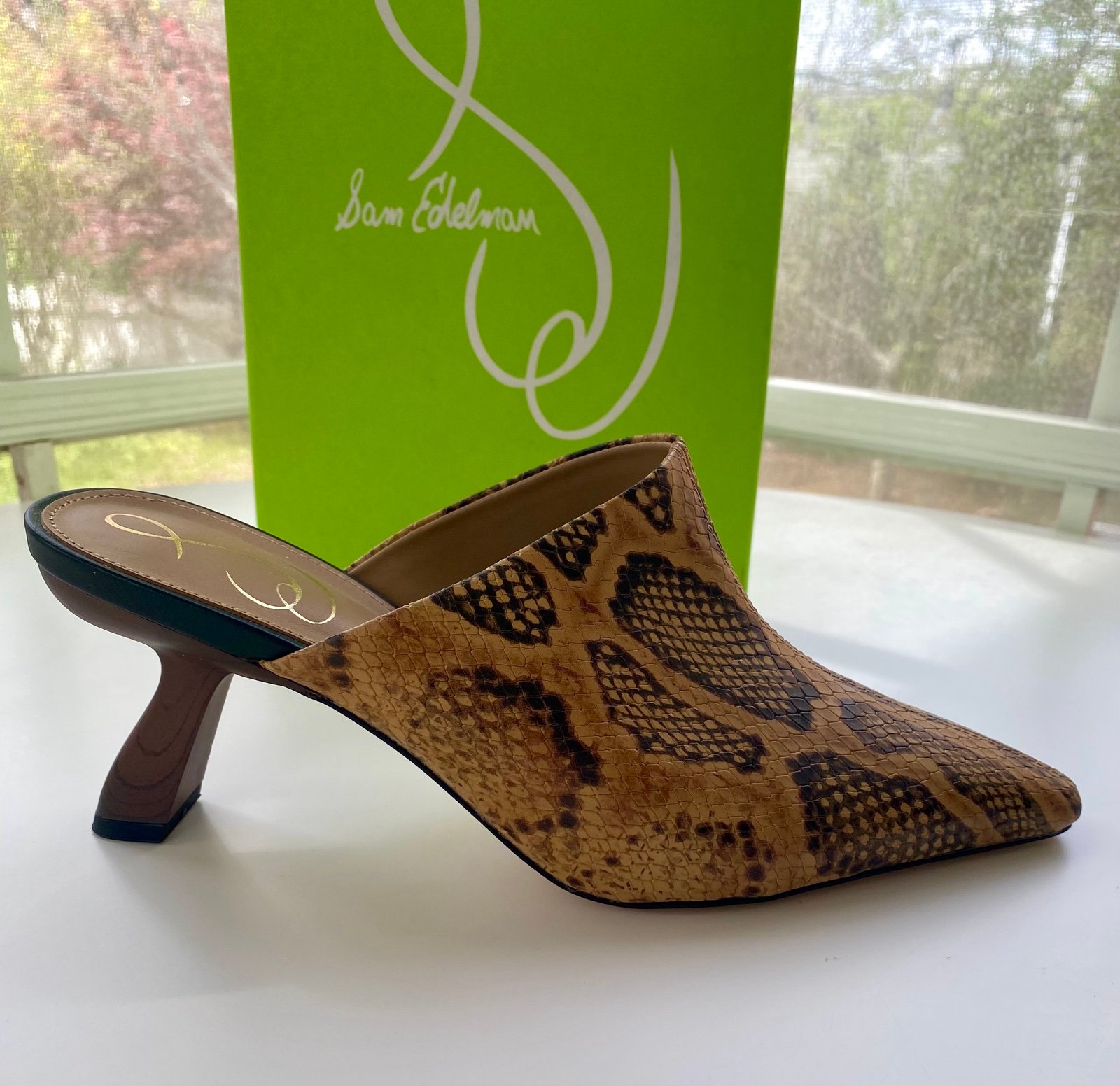 SAM EDELMAN Skya Cuoiose Snake Print Pointed Toe Spool Slip On Mules Size 7