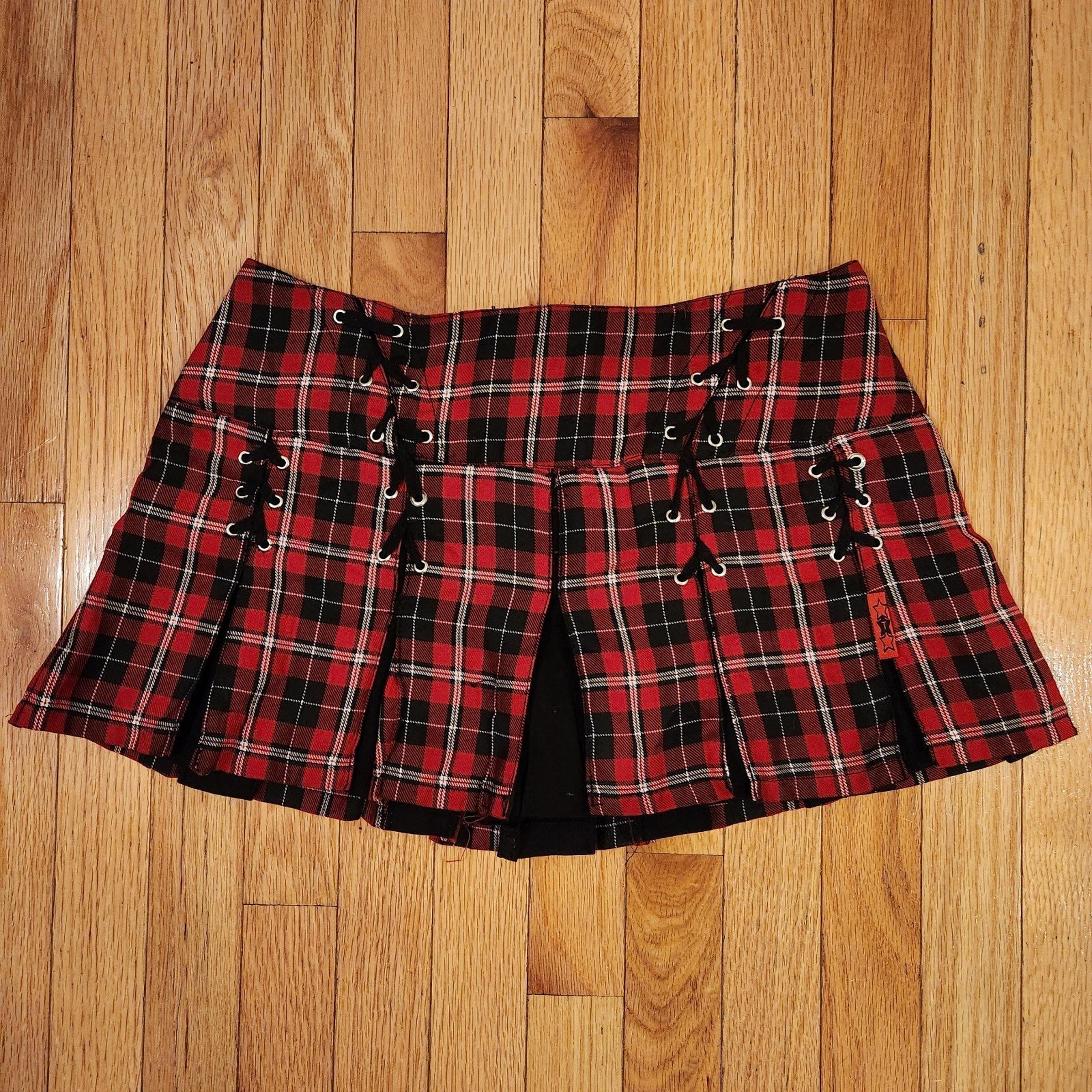 Tripp NYC Vintage Red & Black Plaid Pleated Mini Skirt With Lace Up Detail