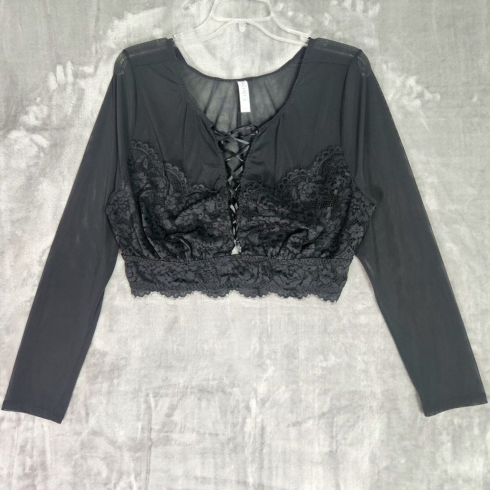 Cacique Crop Top Womens 18/20 Black Lace Sheer Long Sleeve Fairy Grunge Goth