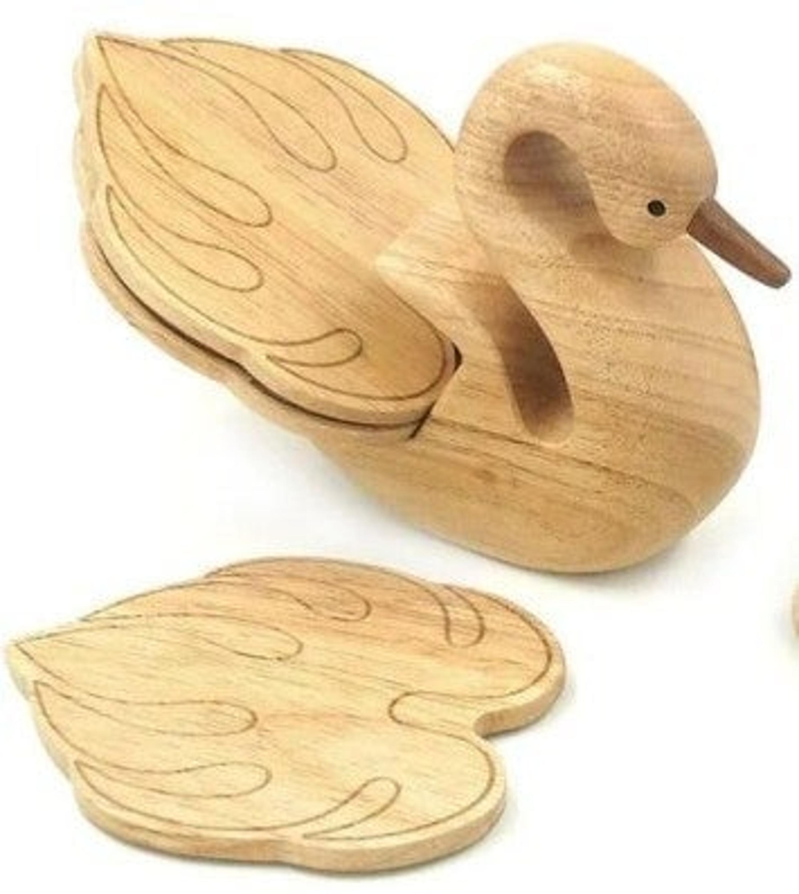Home Decor, Wooden Swan Coaster Set 4 Feather Shaped Coasters & Bird Holder NIB