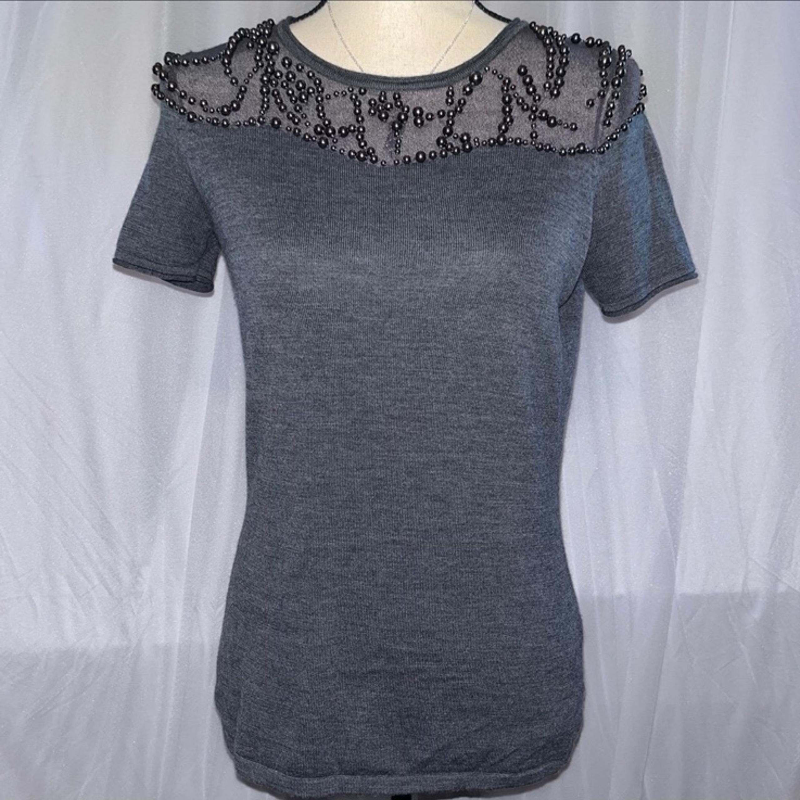 Elie Tahari Grey Bead Blouse Top