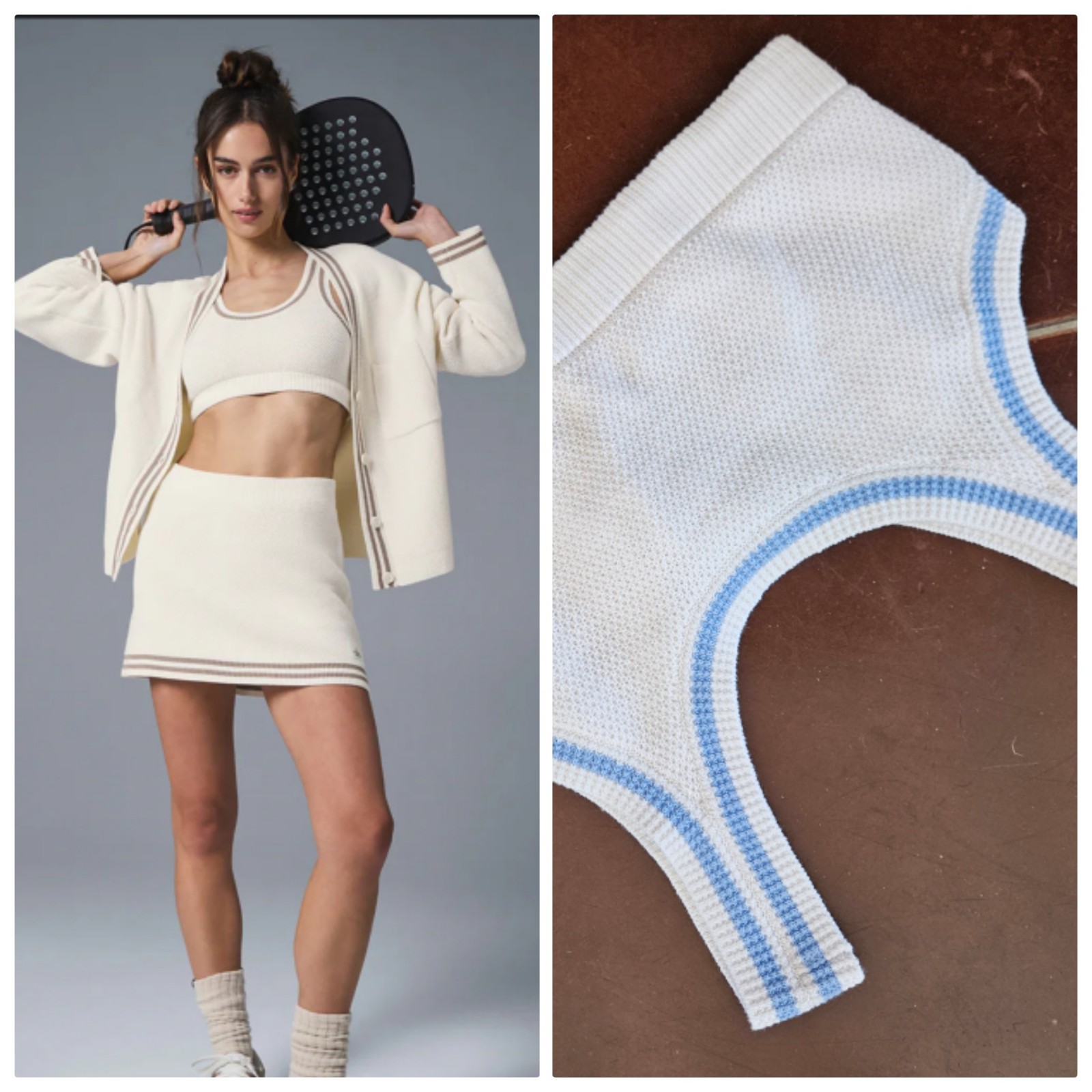 Nwt alo Sweater Knit Varsity Bra Rare Seashell Blue s