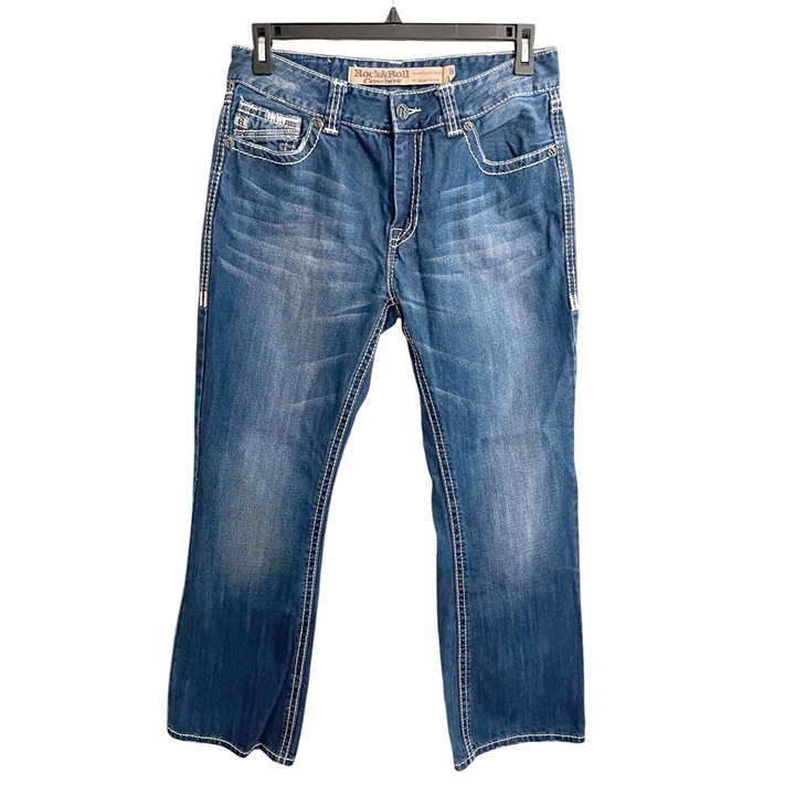 Rock & Roll Cowboy Double Barrel Jeans Size 33X32 Whiskered Thick Stitch