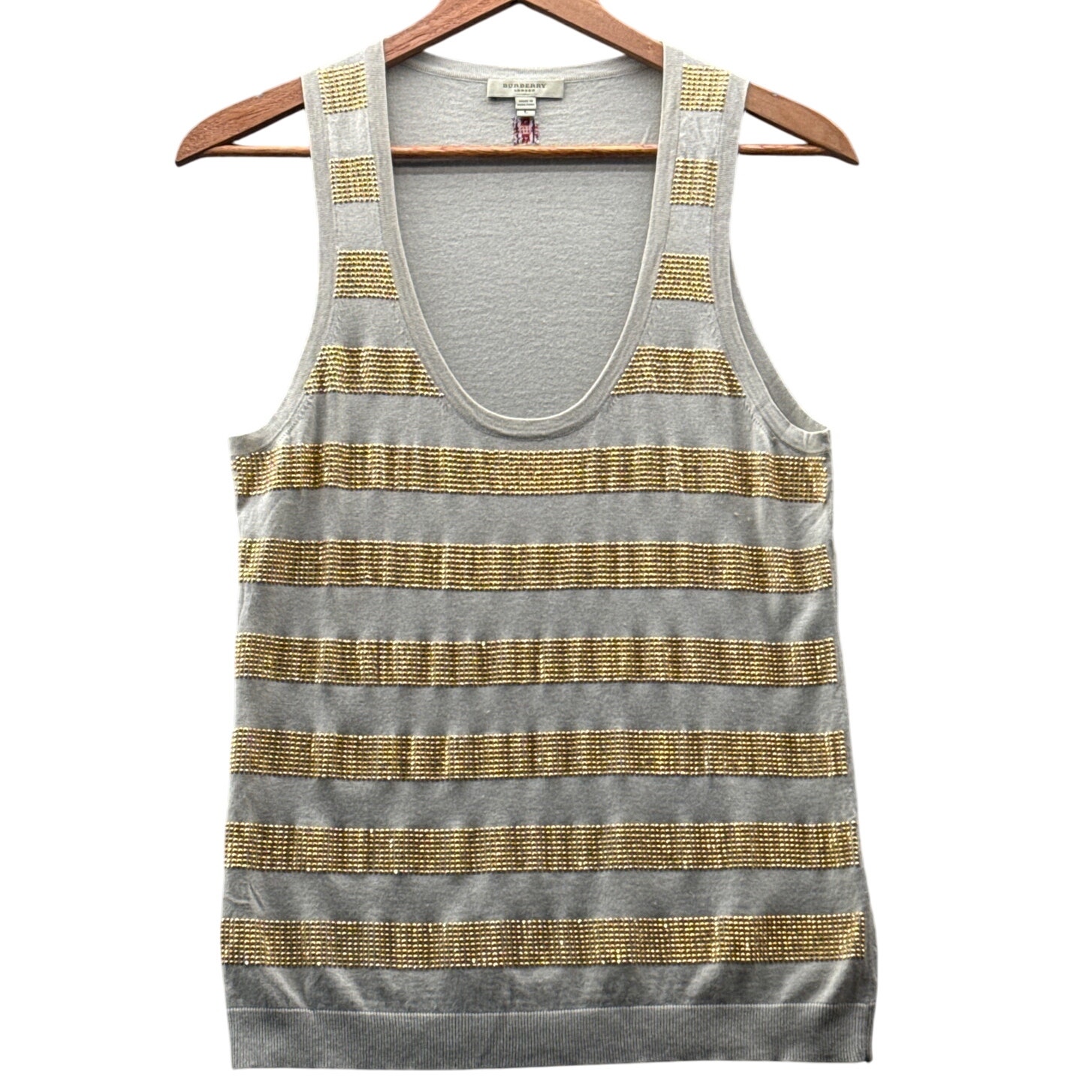 Burberry London Silk Cashmere Gold Stripe Sleeveless Scoop Neck Tank Top Women L