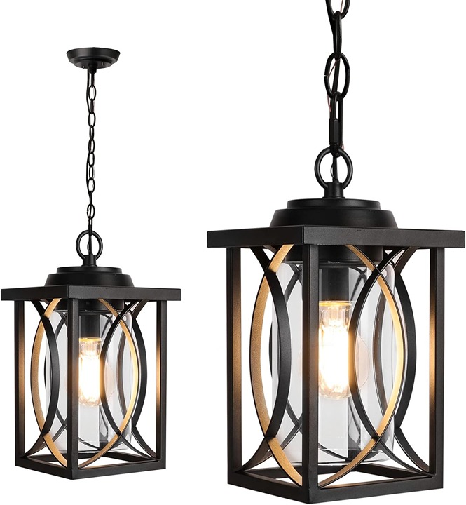 PARTPHONER Outdoor Pendant Light Fixture, Modern Black Exterior Hanging Lantern