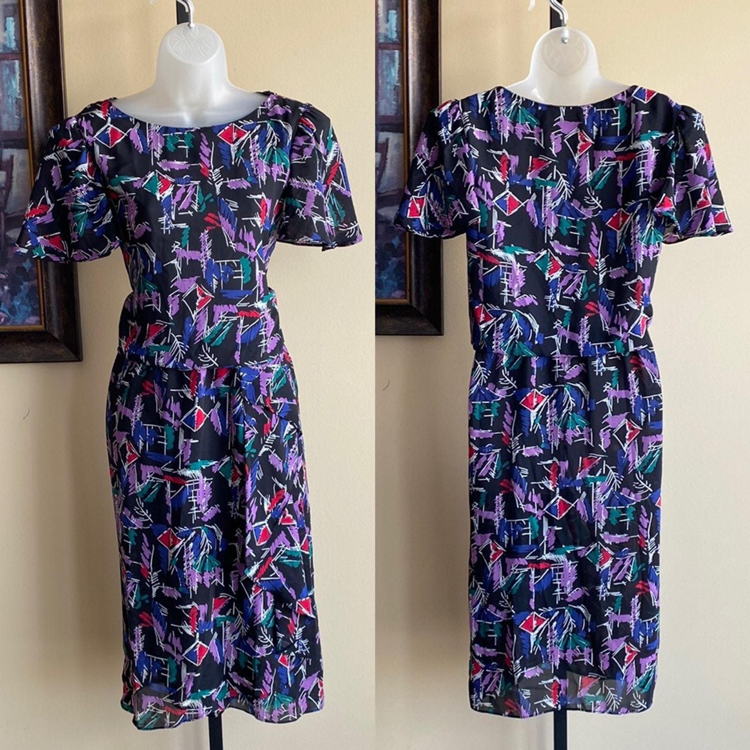 Vintage 80s Secretary Scribble Splatter Print Dress Funky Retro Rockabilly