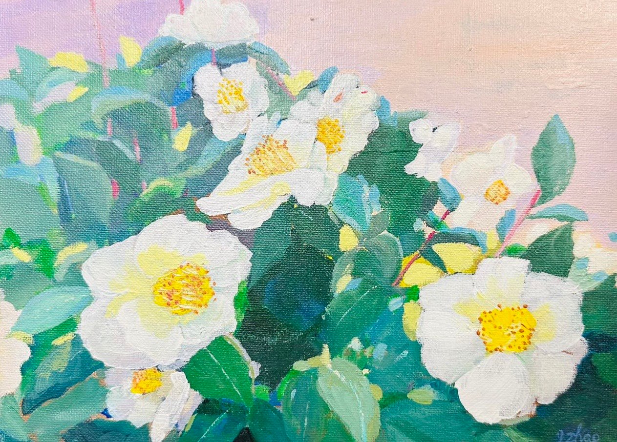 WHITE CAMELLIA - ACRYLIC PAINTING - ARTIST: J. ZHAO