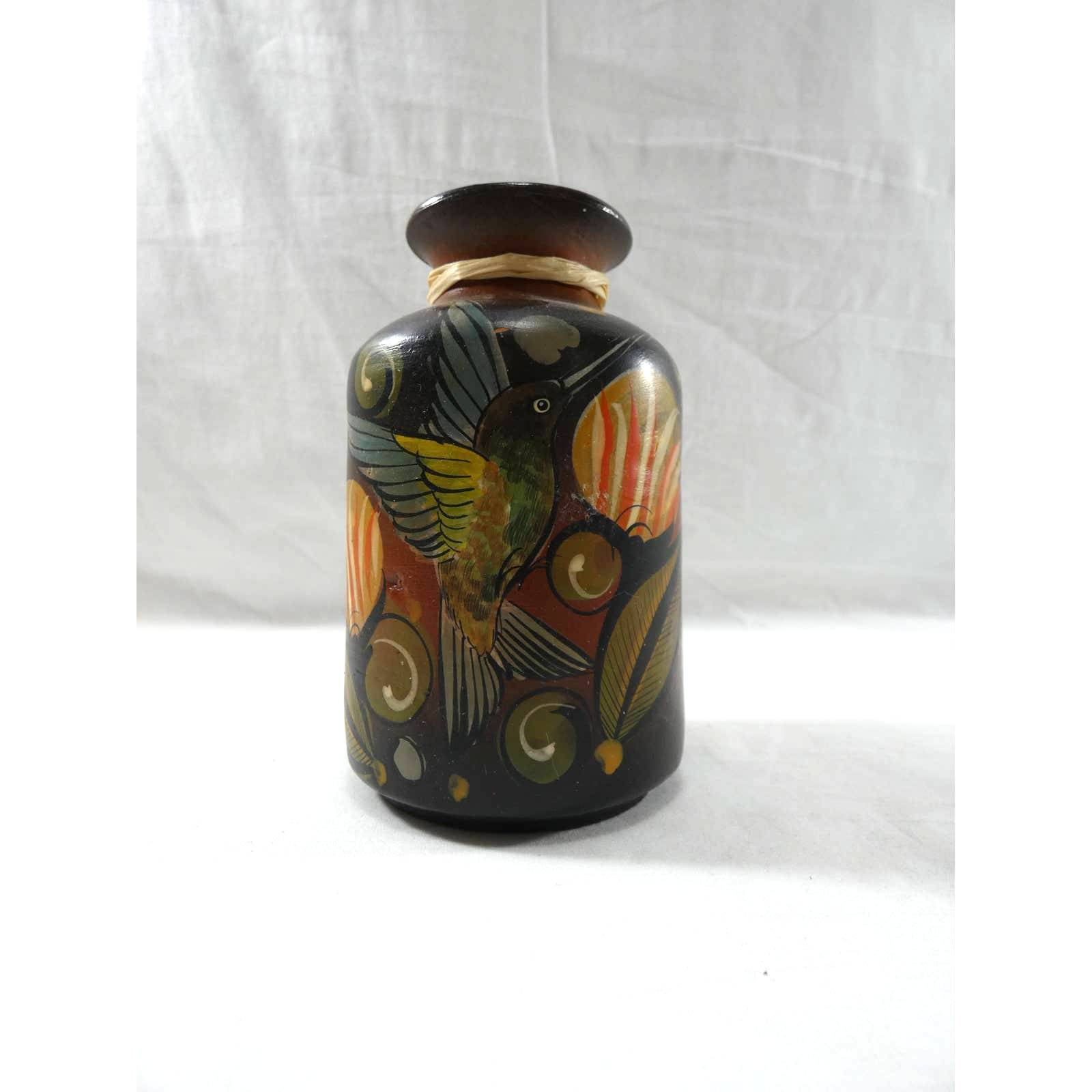 Vintage Hand Painted Mexican Unburnished Tonala Hummingbird Vase