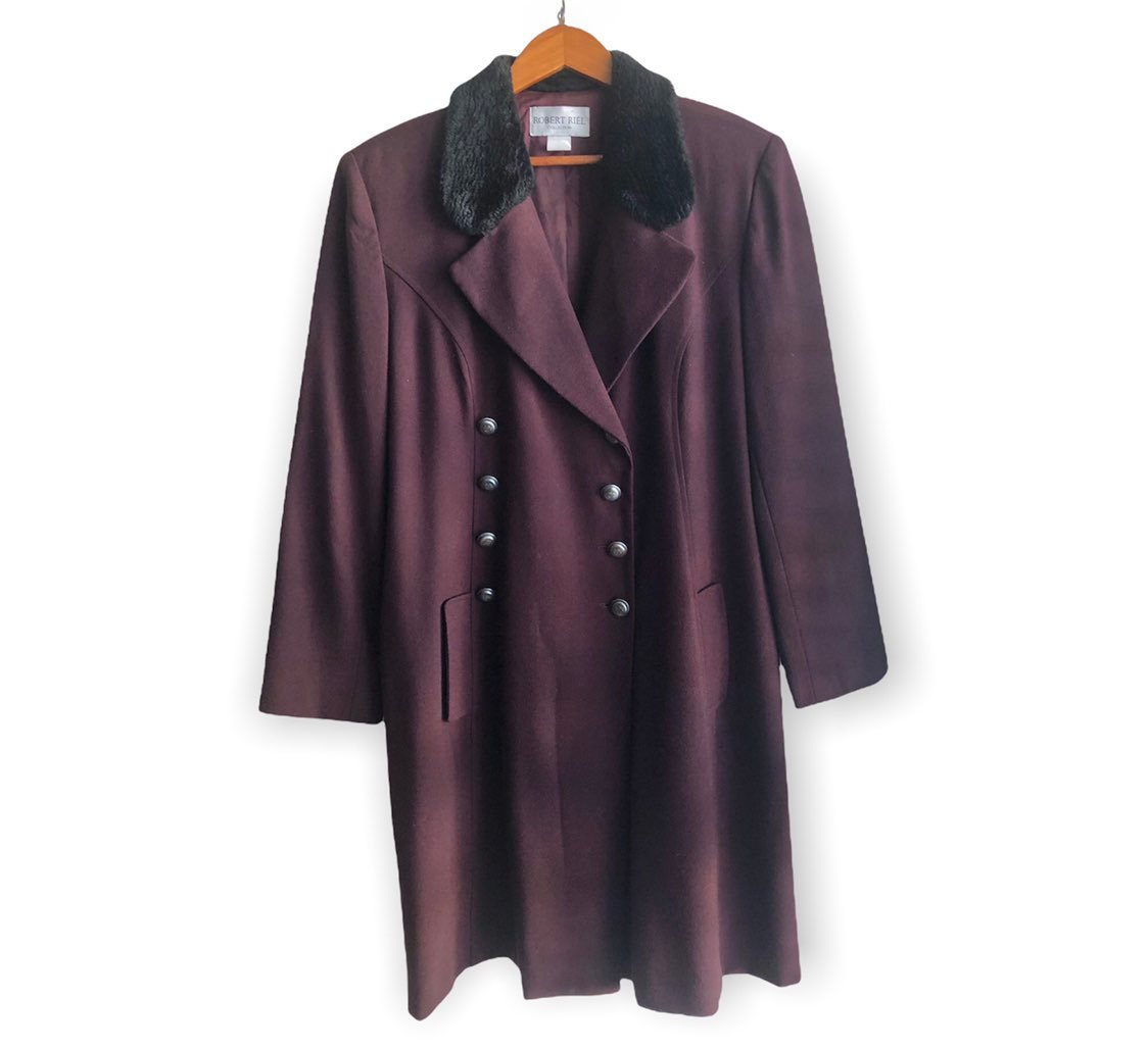 Vtg 80s Plum Burgundy Wool Coat Sz 16 Crepe Faux Fur Trim Robert Riel Collection