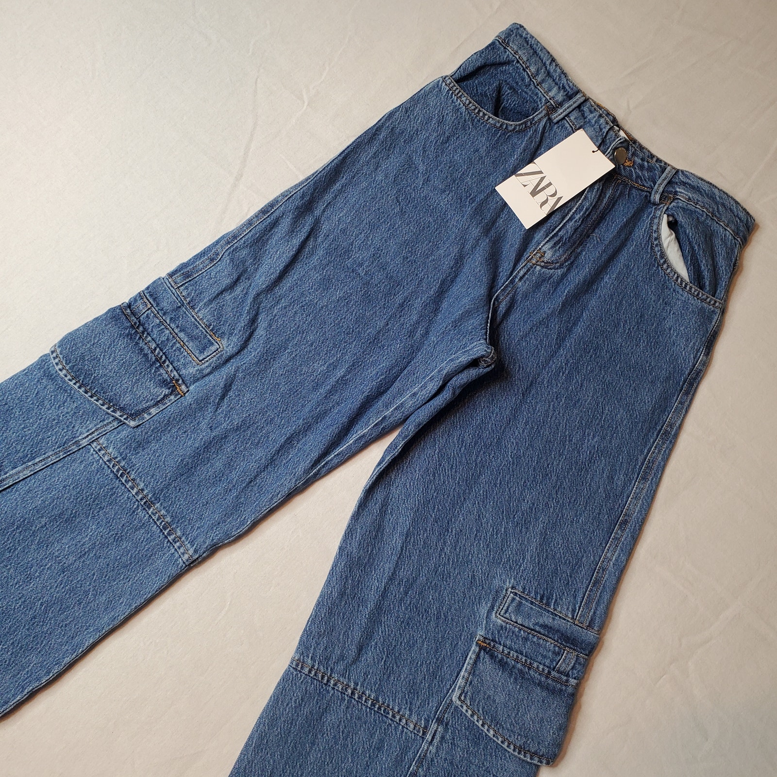 Zara Women's Size 2 NWT High Rise Cargo Jeans Straight Leg Blue