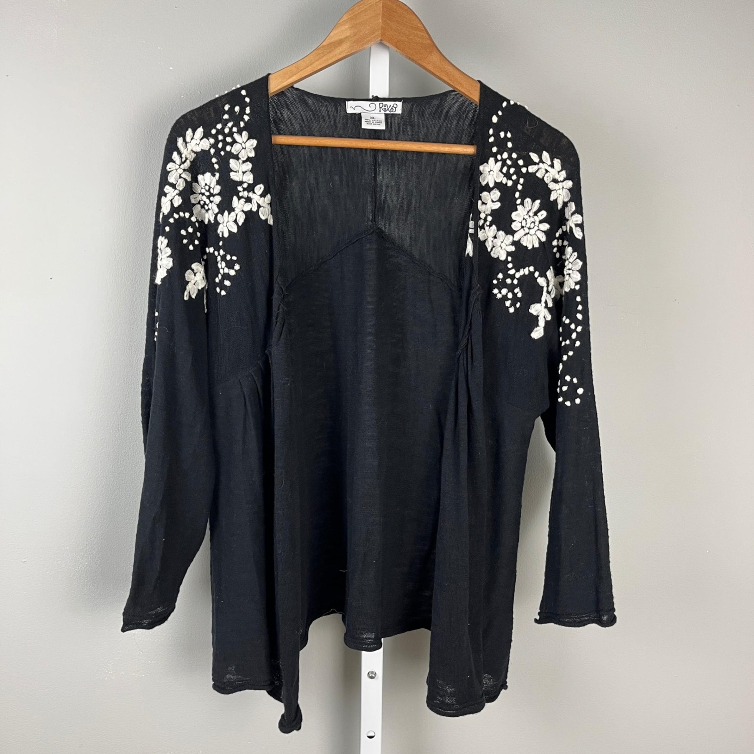 RXB Floral Embroidered Cardigan Open Front Lightweight Black XL
