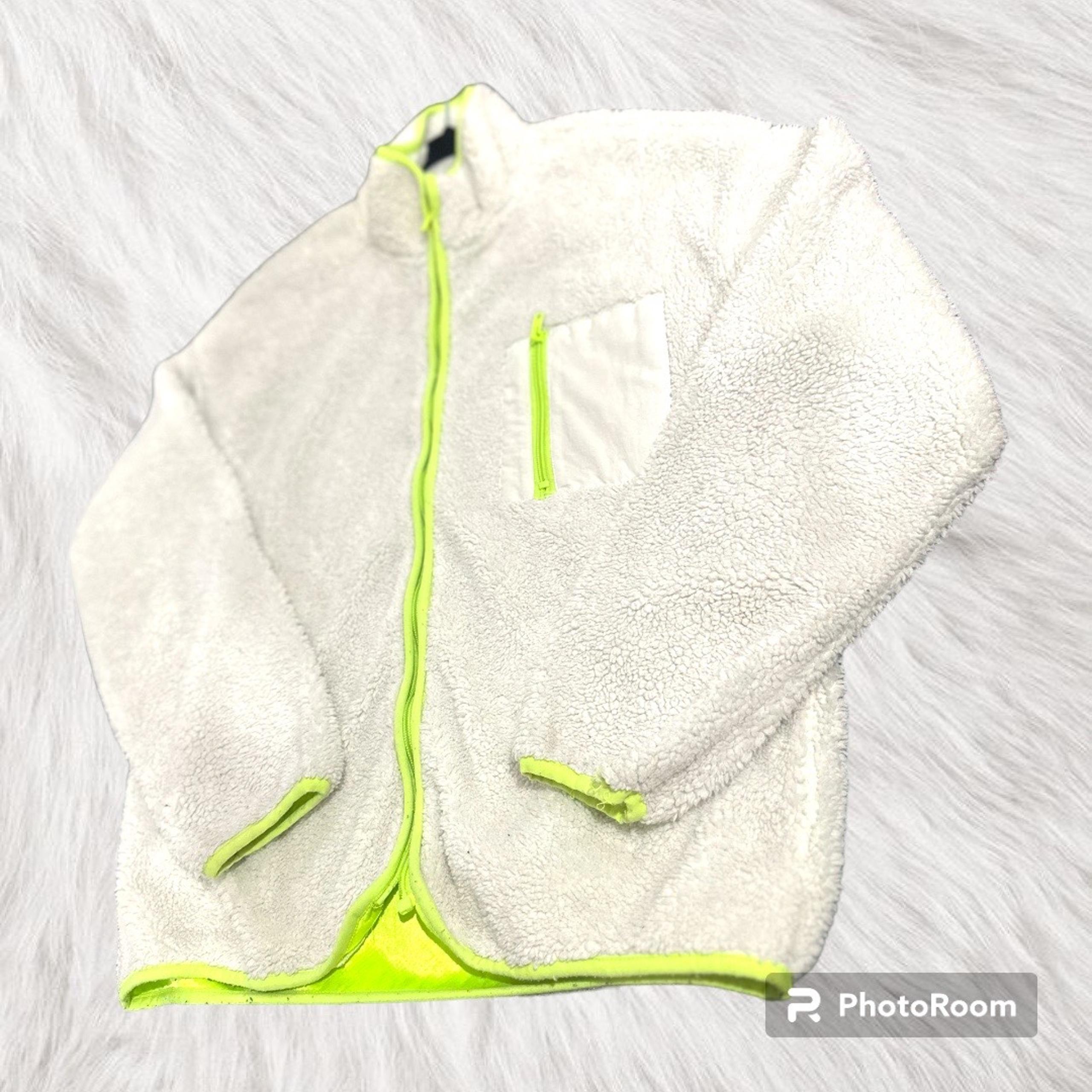 Forever 21 white & neon fleece fluffy zip up jacket winter coat neon tubing gym
