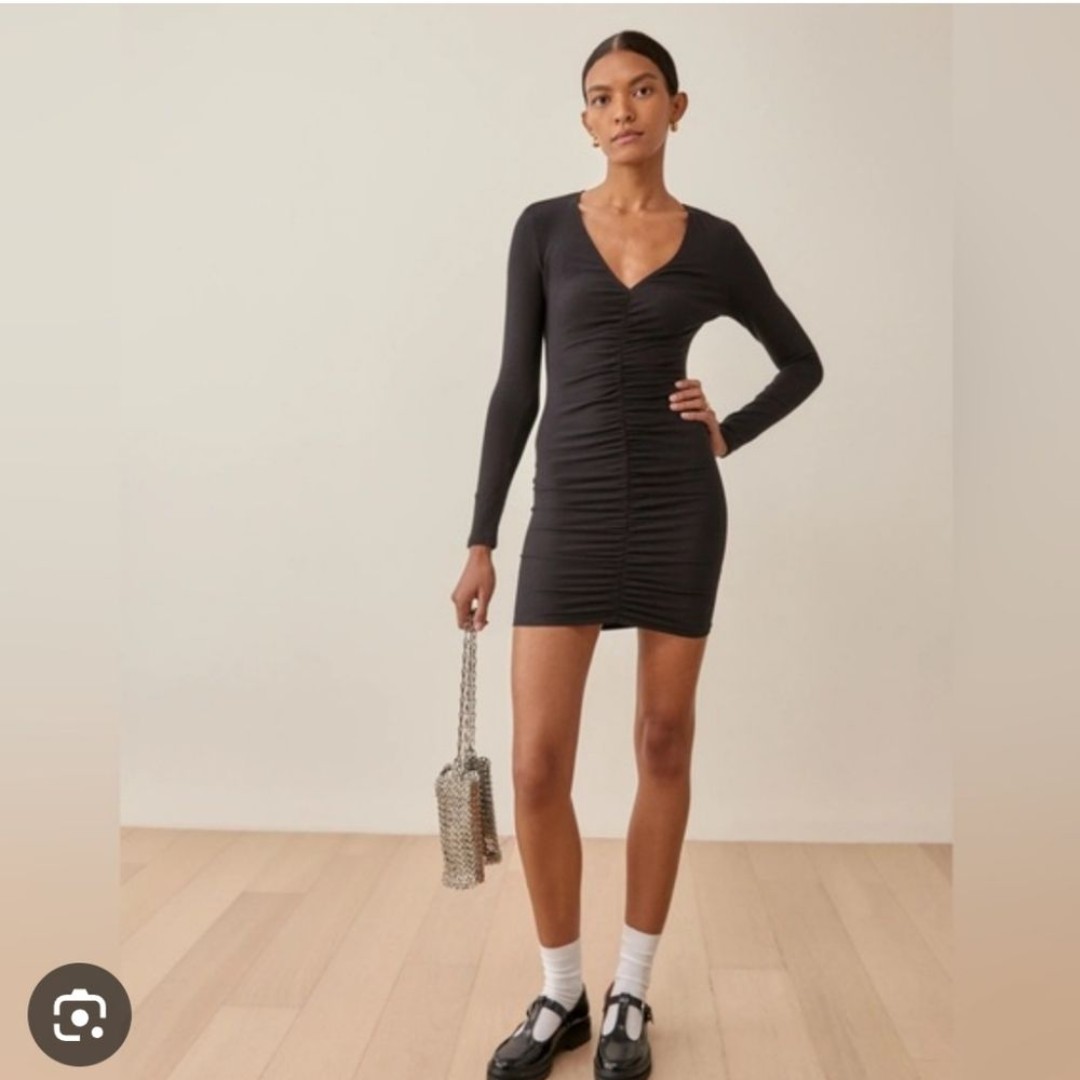 Reformation Cally Long Sleeve Black Ruched Bodycon Mini Dress XL