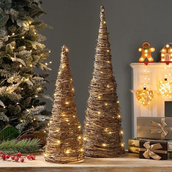 NEW Set of 2 Lighted Christmas Rattan Table Tree Decorative Rattan Table Tree