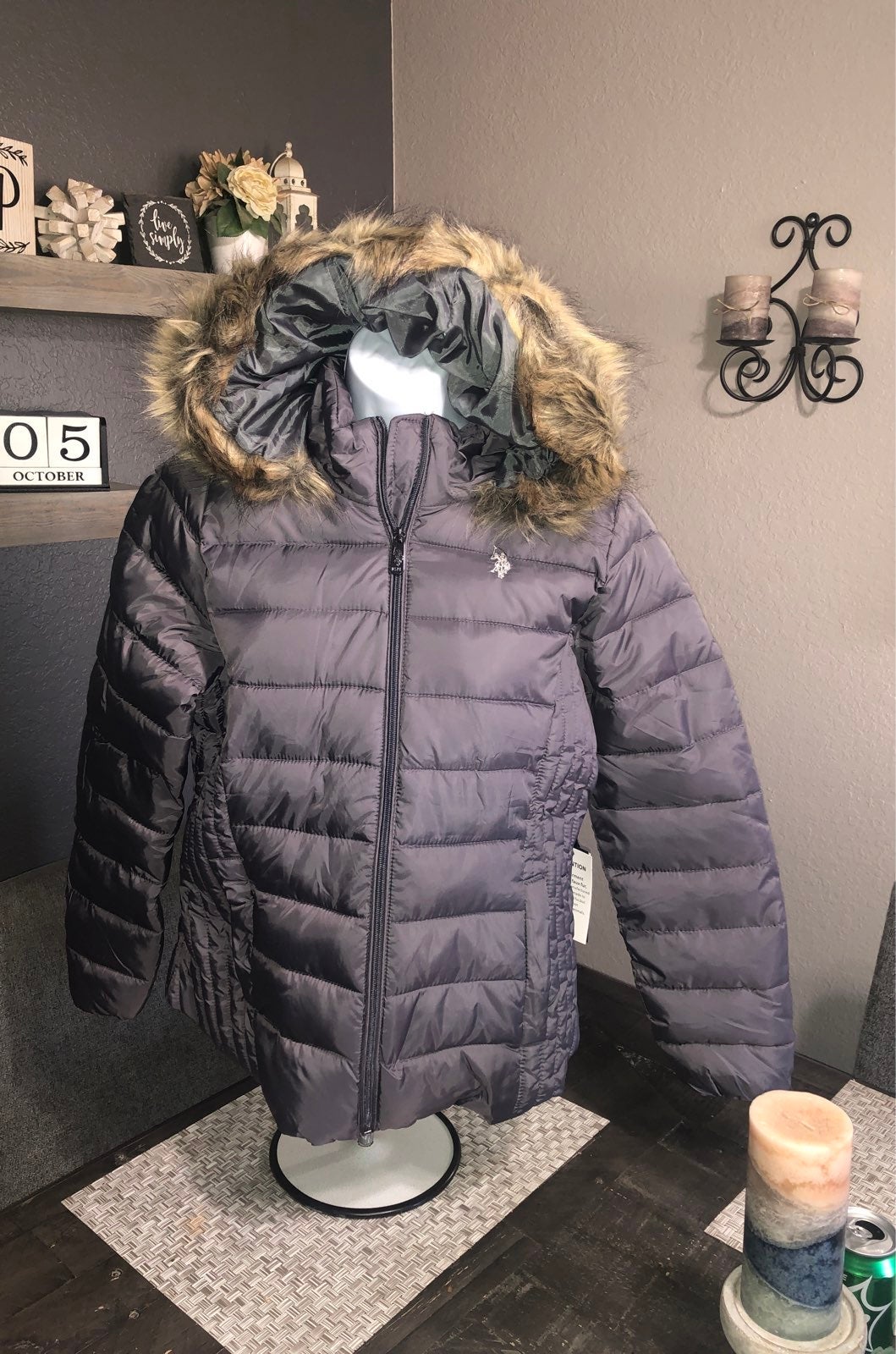 Women's Hooded Faux Fur Jacket Puffer LG NEW