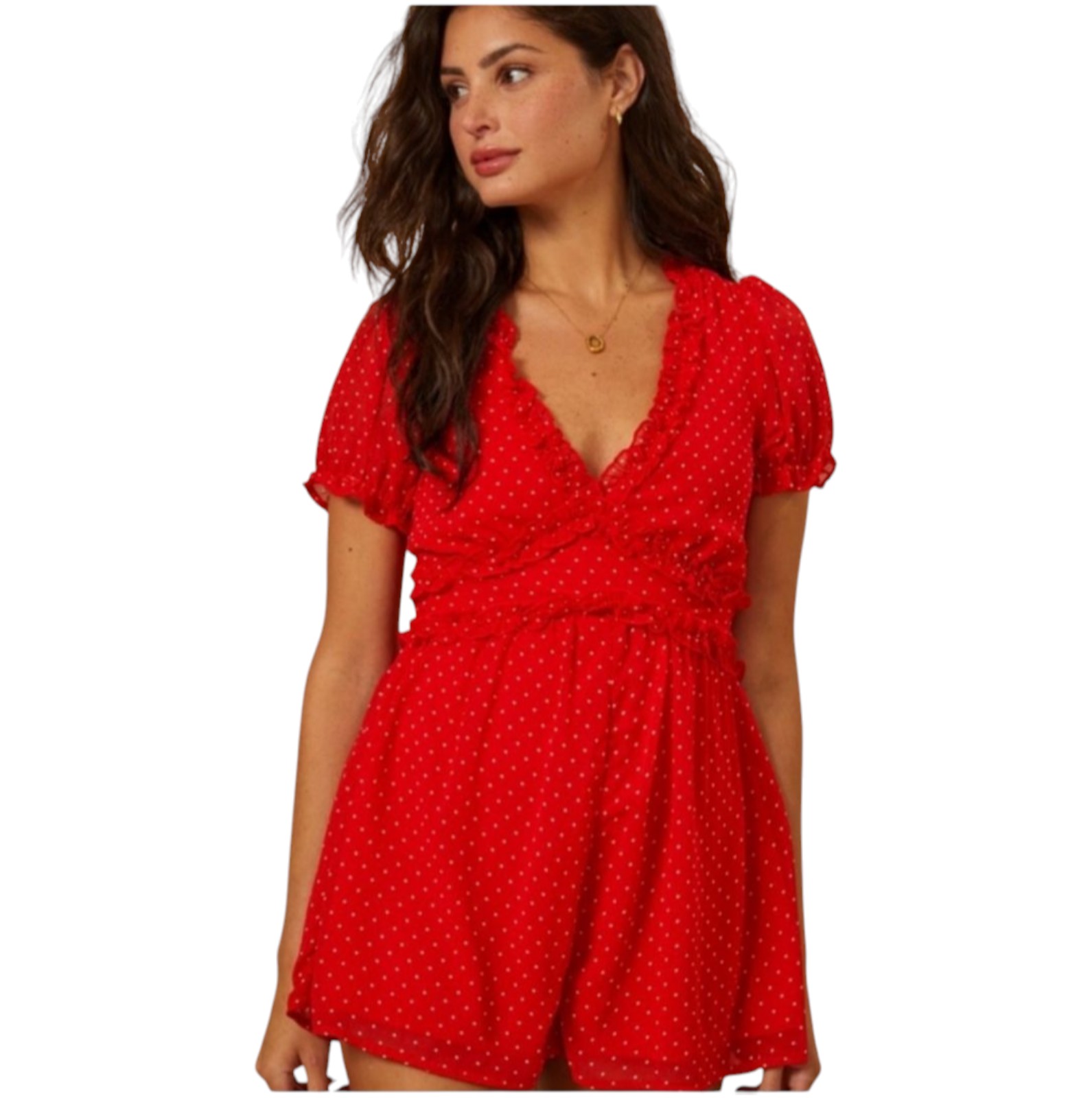 Altar'd State Womens Red Polkadot Tomato Girl Ruffle Babydoll Romper size XL NWT