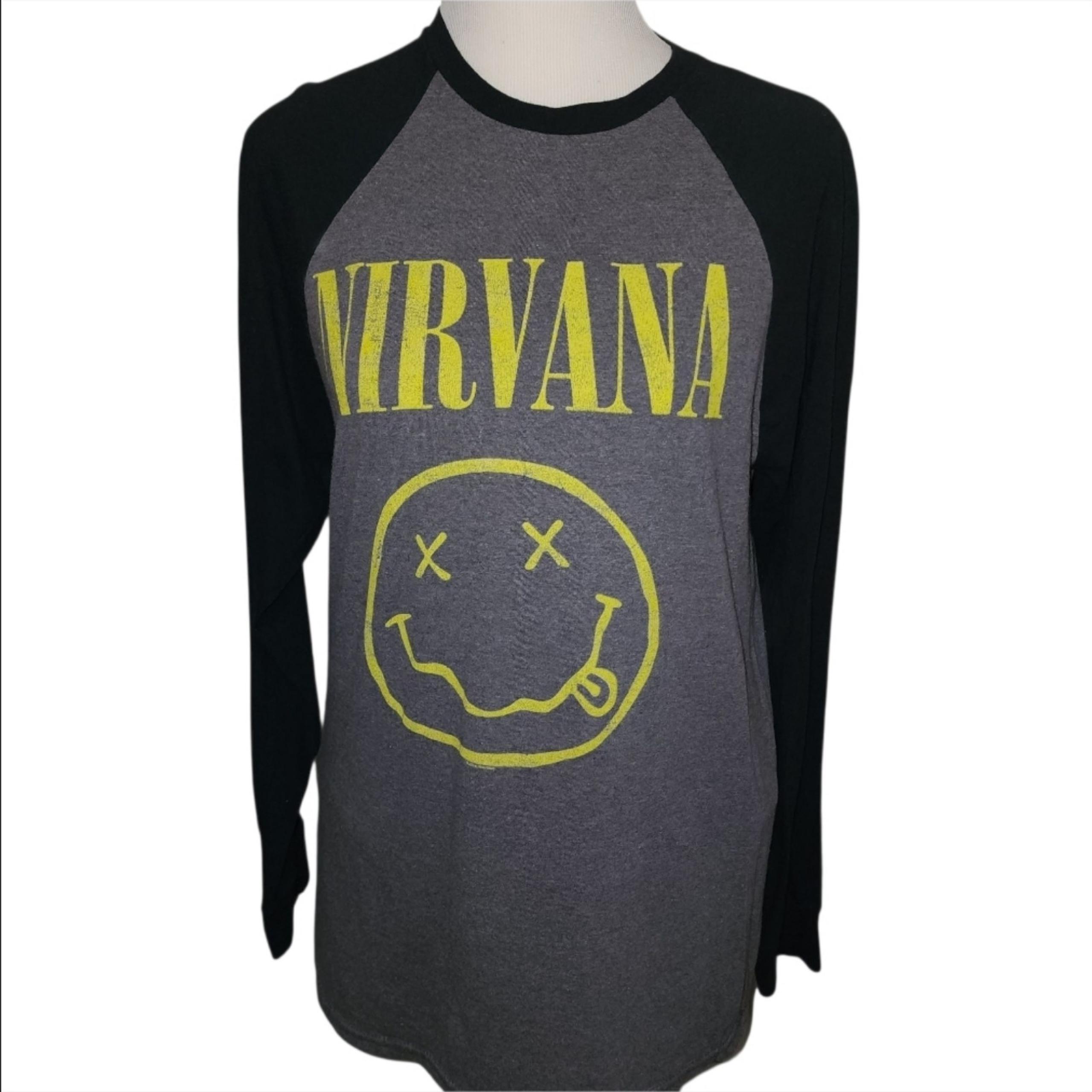 Nirvana Band Mens Sz MEDIUM Baseball T-Shirt Long Sleeve Smiley Face Streetwear