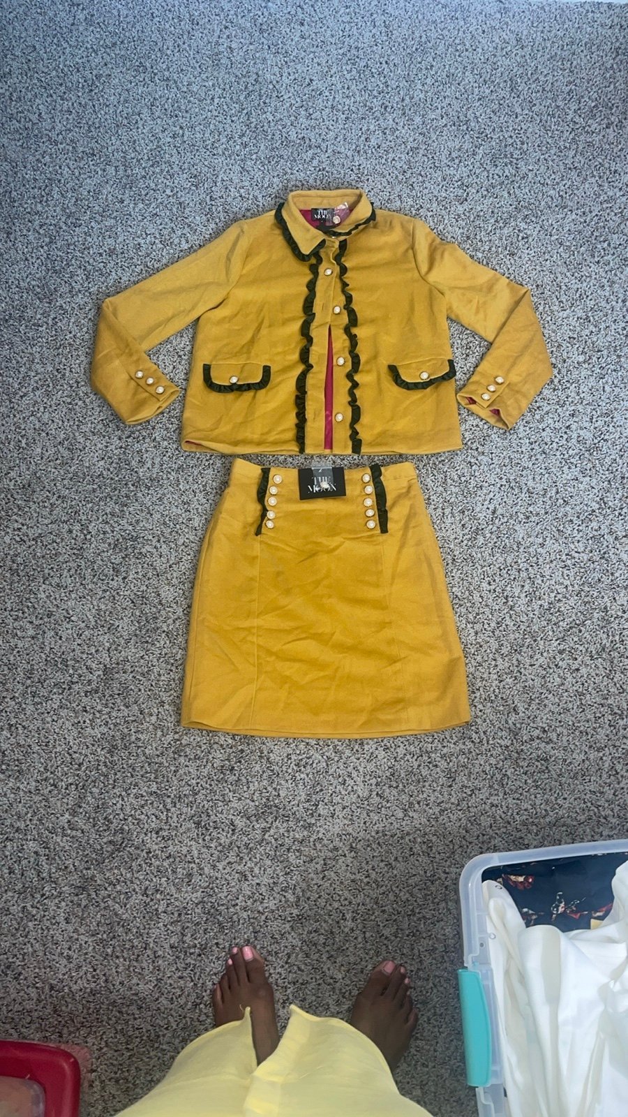 2 Piece Gold Yellow and Green Trimmed Skirt Set Pearl Buttons