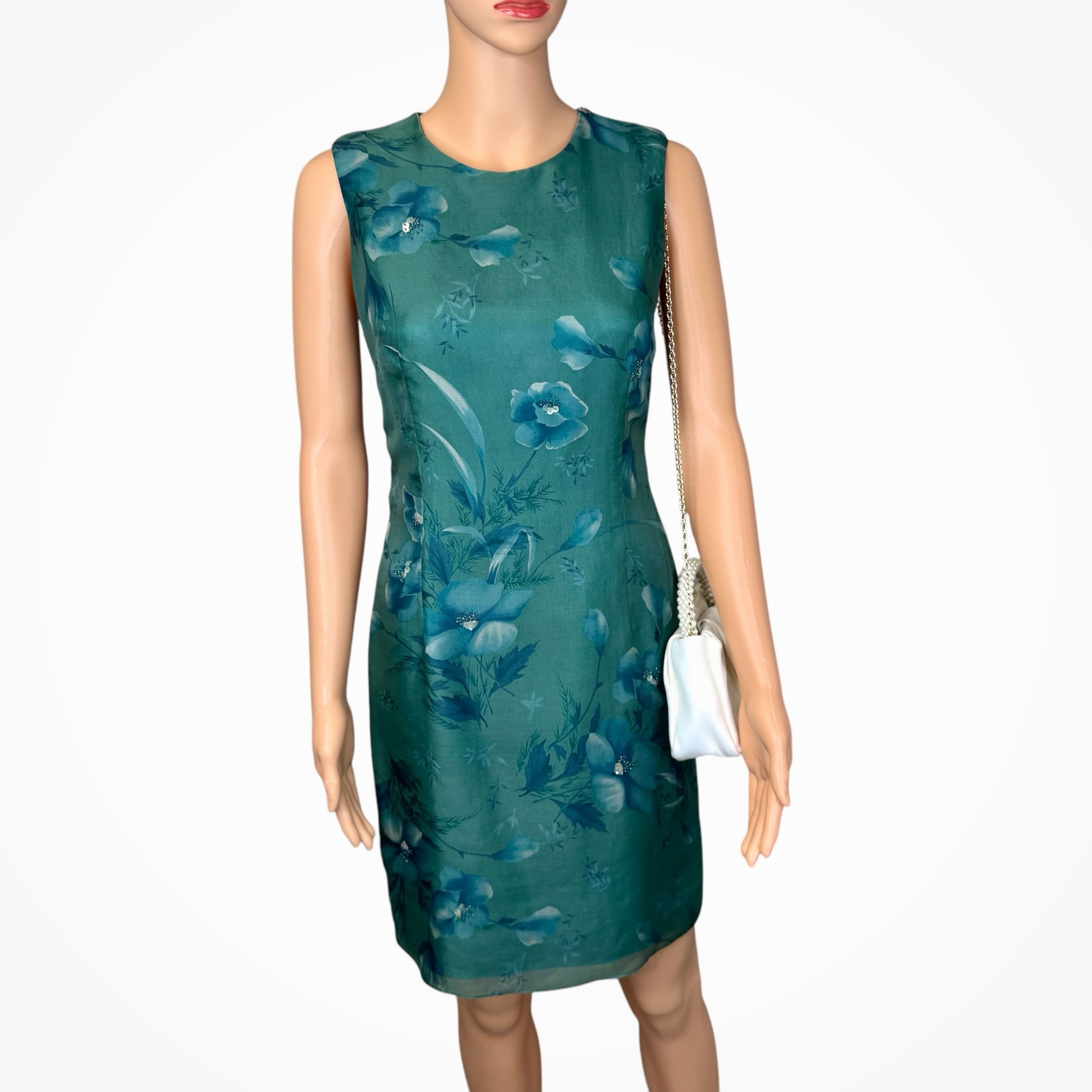 VTG 90s Liz Claiborne 100% Silk Chiffon Overlay Dress Floral Sequins Beads 6P