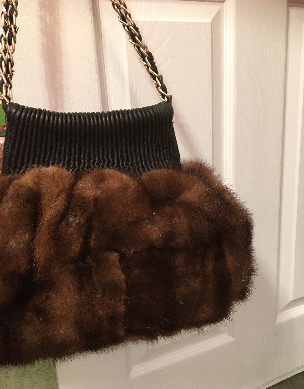 Mink purse with gold chain strap