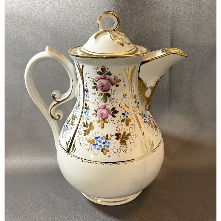 A large Vintage Teapot Porcelain Glossy Gold Pink Roses Multicolor Florals
