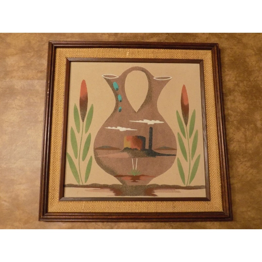Native American Sand Painting Pottery Vase Desert Wood Framed Wall Picture