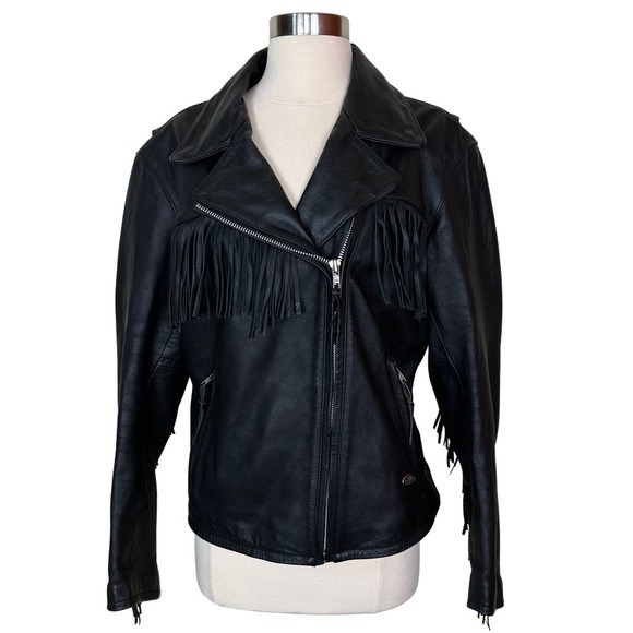 Harley Davidson Black Leather Fringe Motorcycle Heavy Lined Biker Jacket Large