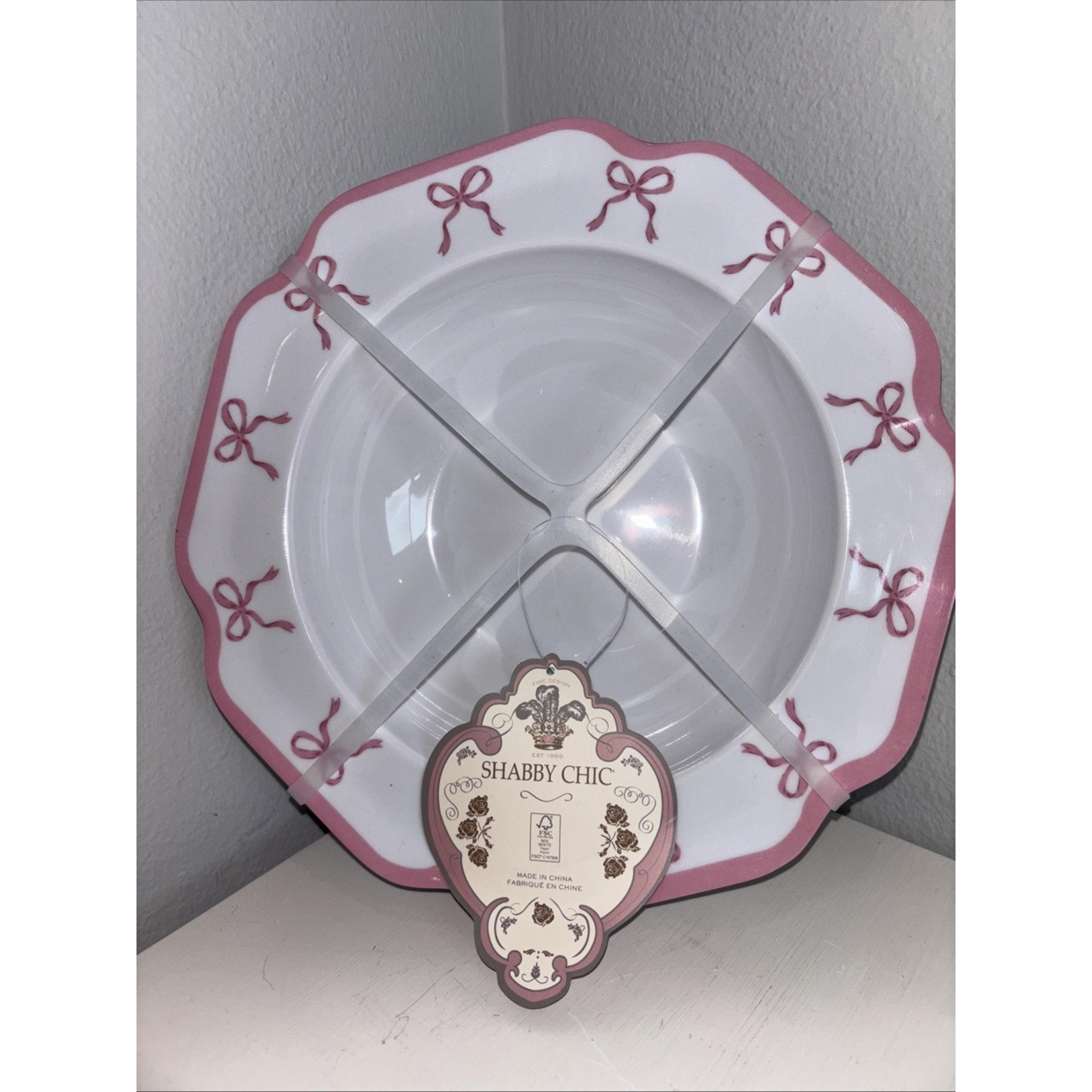 Shabby Chic Pink Bow Coquette Melamine Plastic Bowls Set of Four 10" Round
