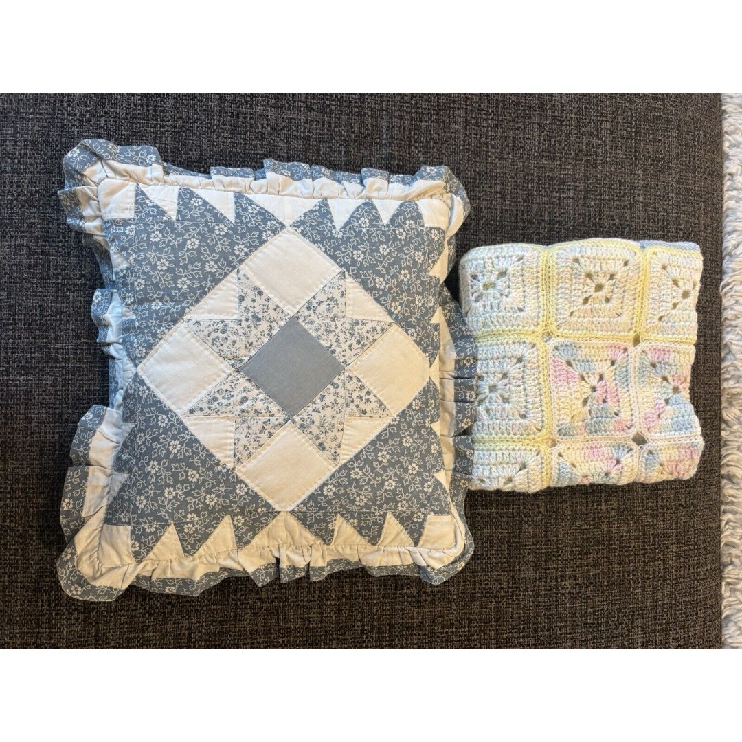 2 Items VINTAGE Hand Made Crochet Granny Square Blanket 42”x42” & Quilted Pillow