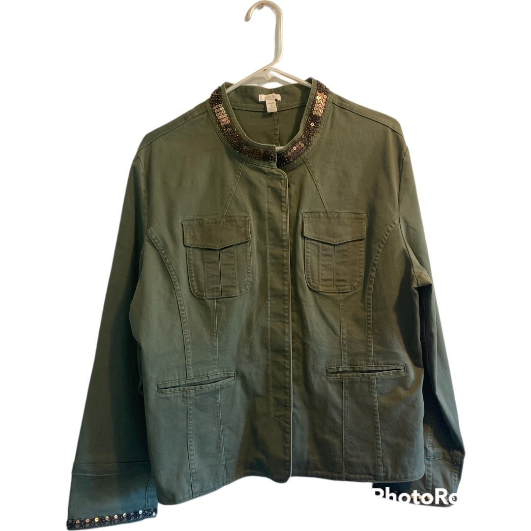 Apt. 9 Women’s Army Style Jacket, Embellished Collar w/ Sequins Green, Size: XL