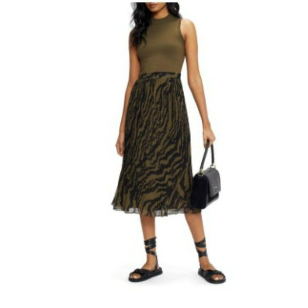 Ted Baker Justnee Pleated Mockable Midi Olive Green Casual Summer Dress Size 4