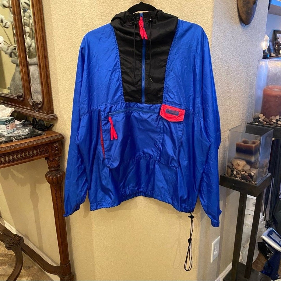Vintage Columbia Men Blue Red 1/2 Zip Lightweight Windbreaker Hoodie Top- Large